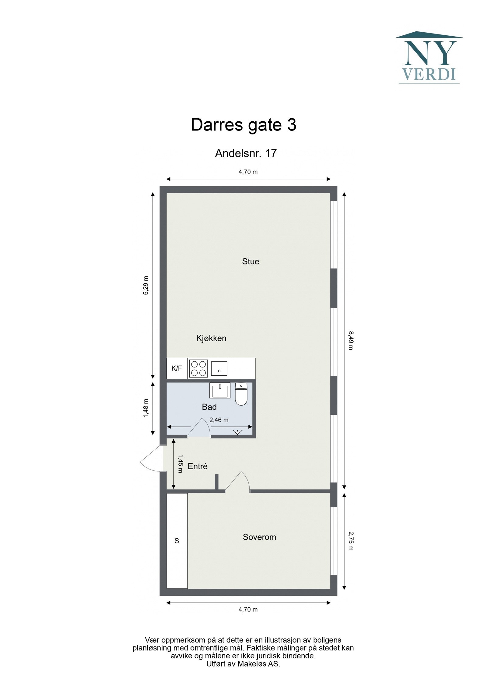 Plantegning 3. etasje. I tillegg disponerer leiligheten en kjellerbod på ca. 3,2m². Heis i bygget. Galleribilde