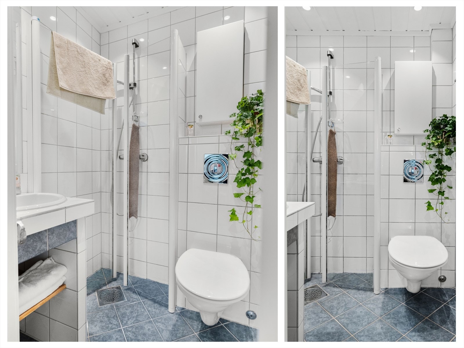 Pent flislagt bad med elektrisk gulvvarme og innfelte downlights. Badet har vegghengt klosett, servant og dusjhjørne med svingbare glassdører, samt naturlig avtrekk. Galleribilde