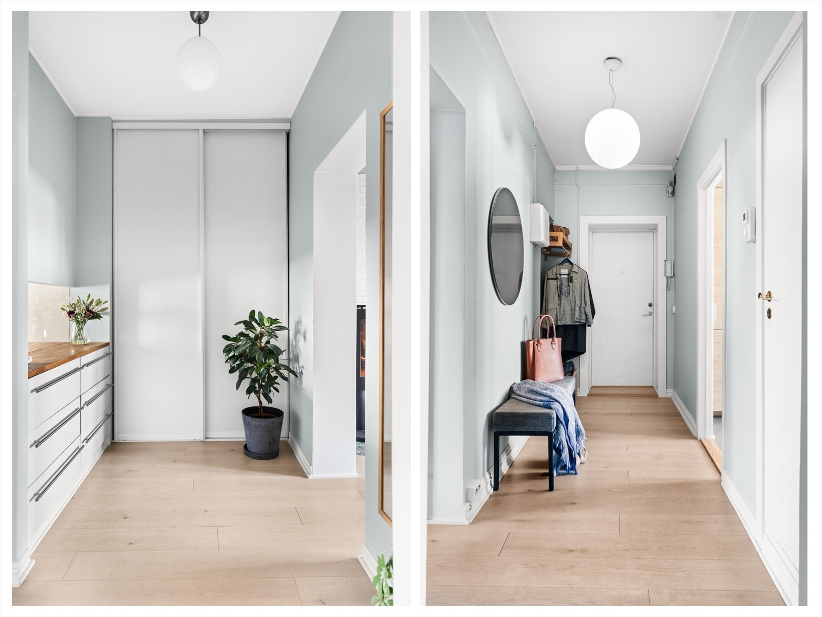 I entré/gangen kan du enkelt henge fra deg yttertøy på knaggrekke og i skyvedørsgarderoben, samt sette fra deg skoene. Innerste gangen blir brukt til et praktisk og lyst walk-in-closet! Galleribilde