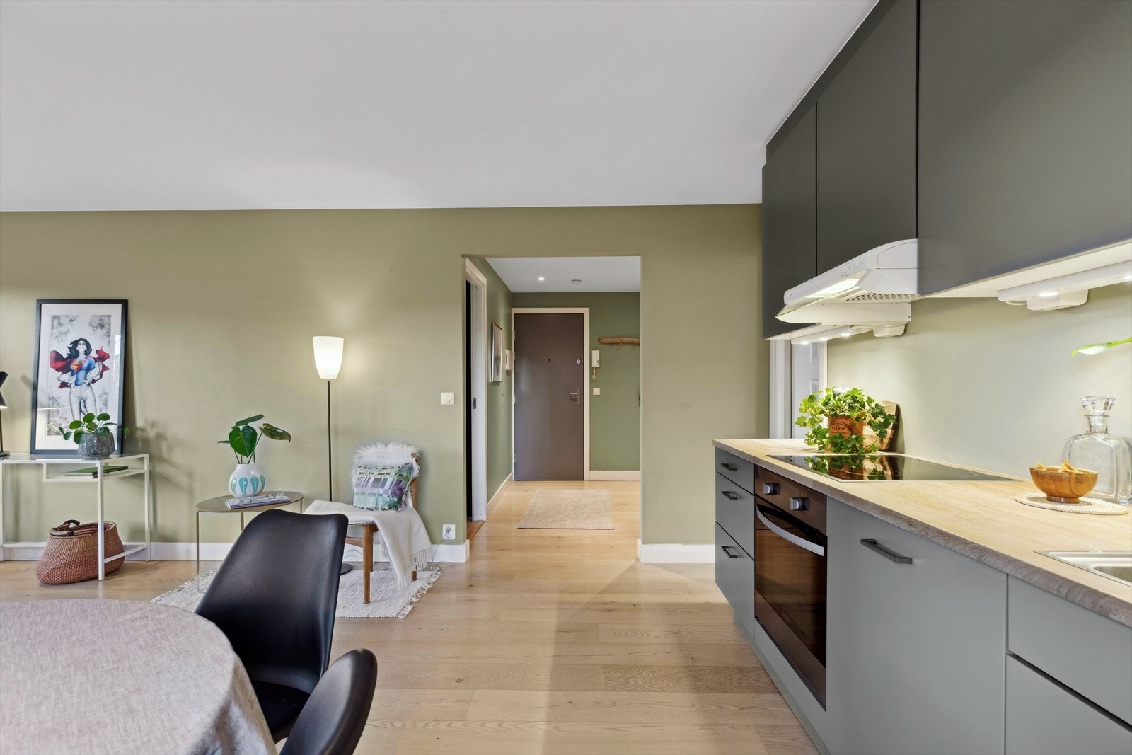 Hvitevarer er integrert og består av komfyr, kjøl/frys og oppvaskmaskin. Galleribilde