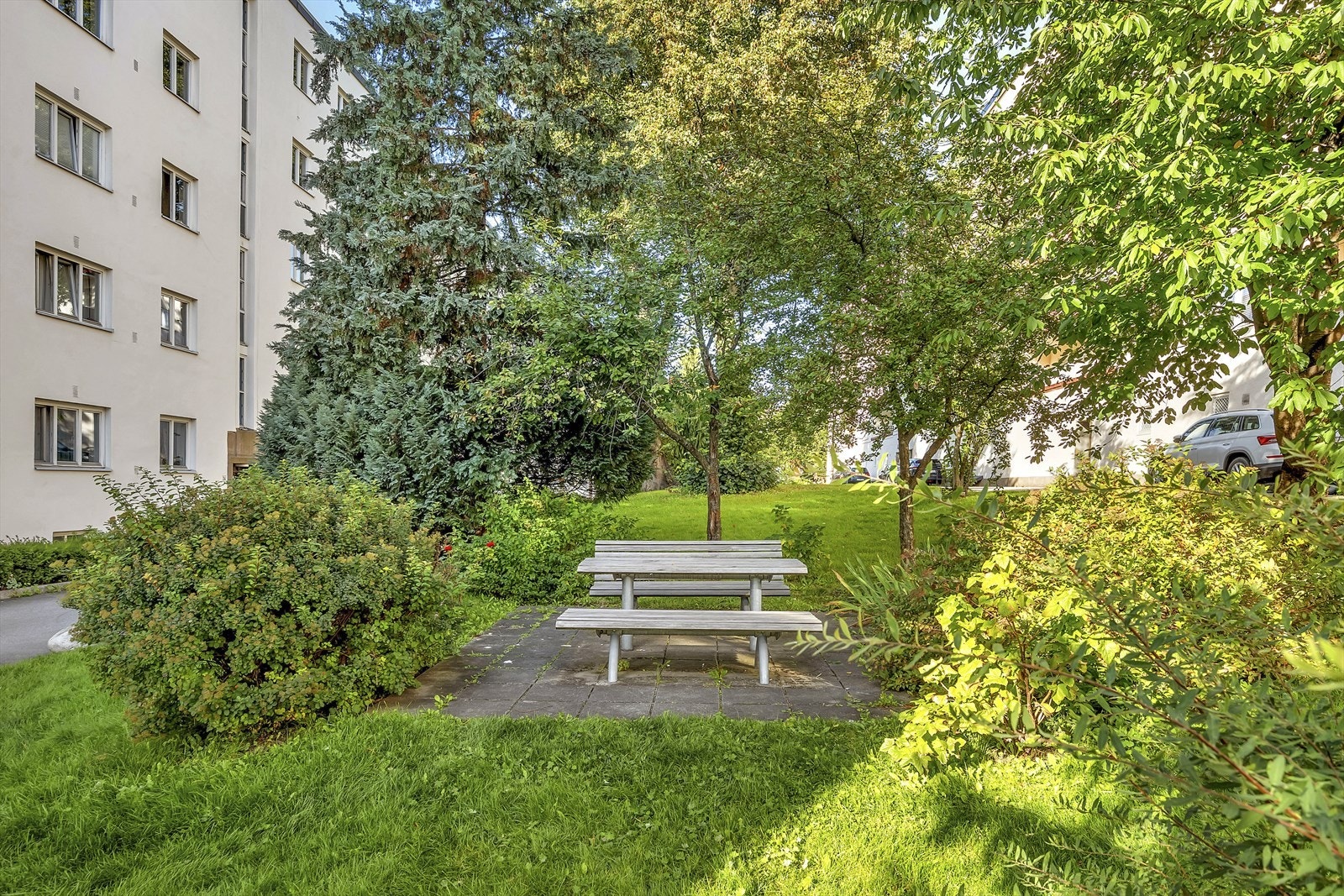 Sameiet har pent opparbeidet uteplass med sittegrupper, plen og beplantning. Galleribilde