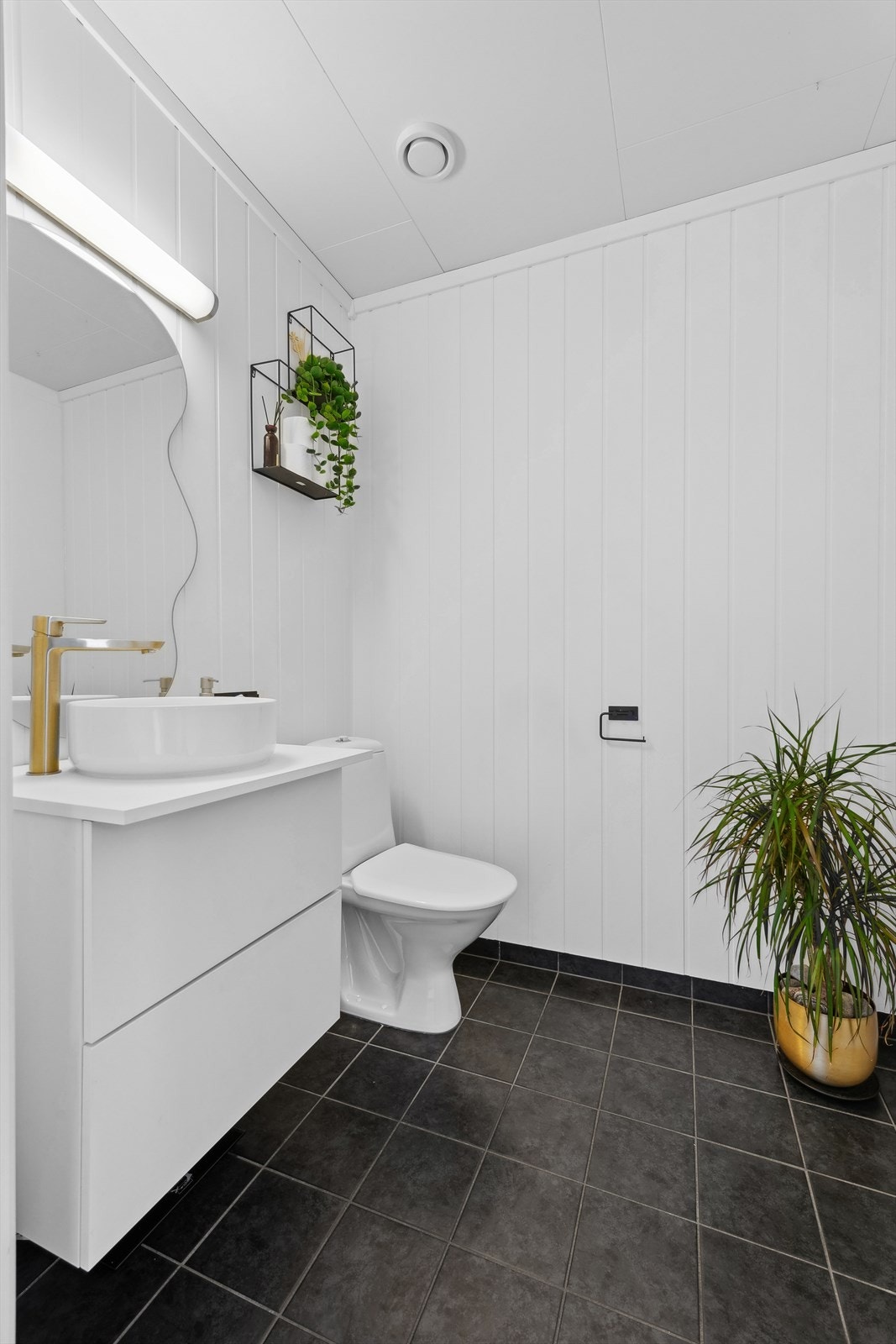 Toalettrommet har flislagt gulv og malte plater på veggene Galleribilde