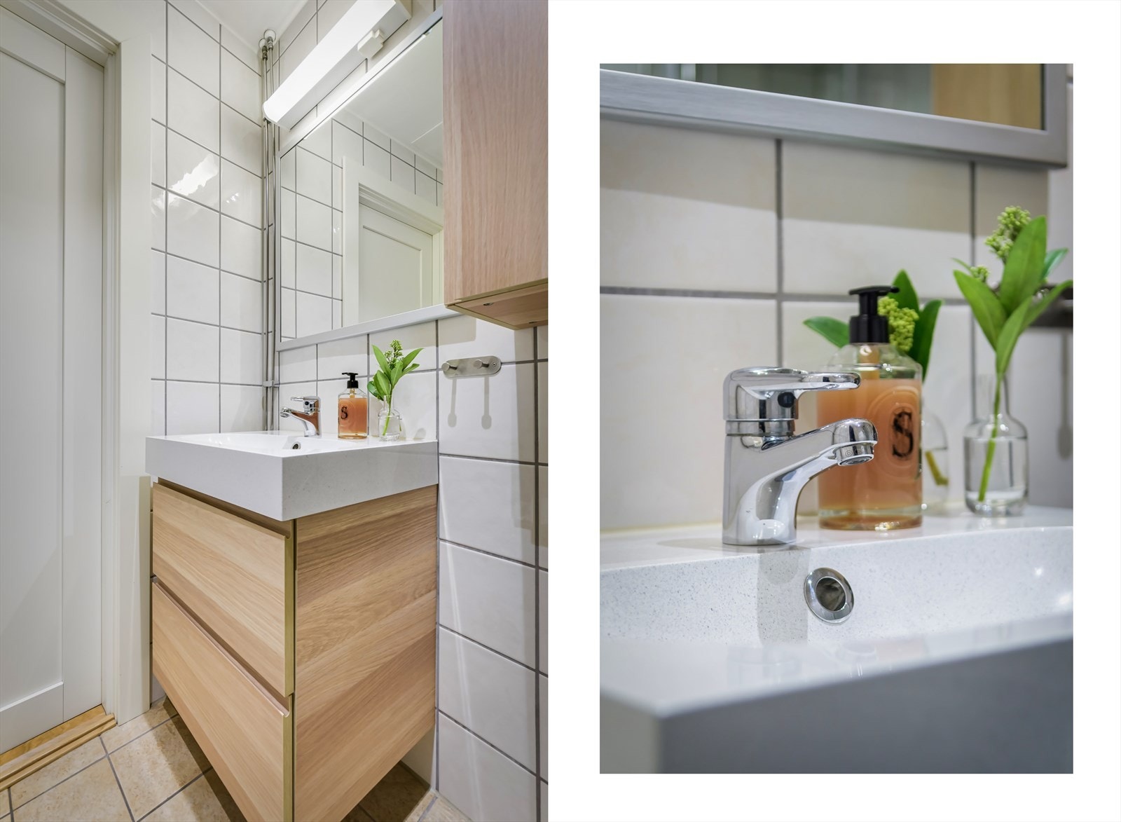 Innredningen består av servantskap med skuffeseksjon, overskap, toalett, dusjsone og opplegg for vaskemaskin Galleribilde