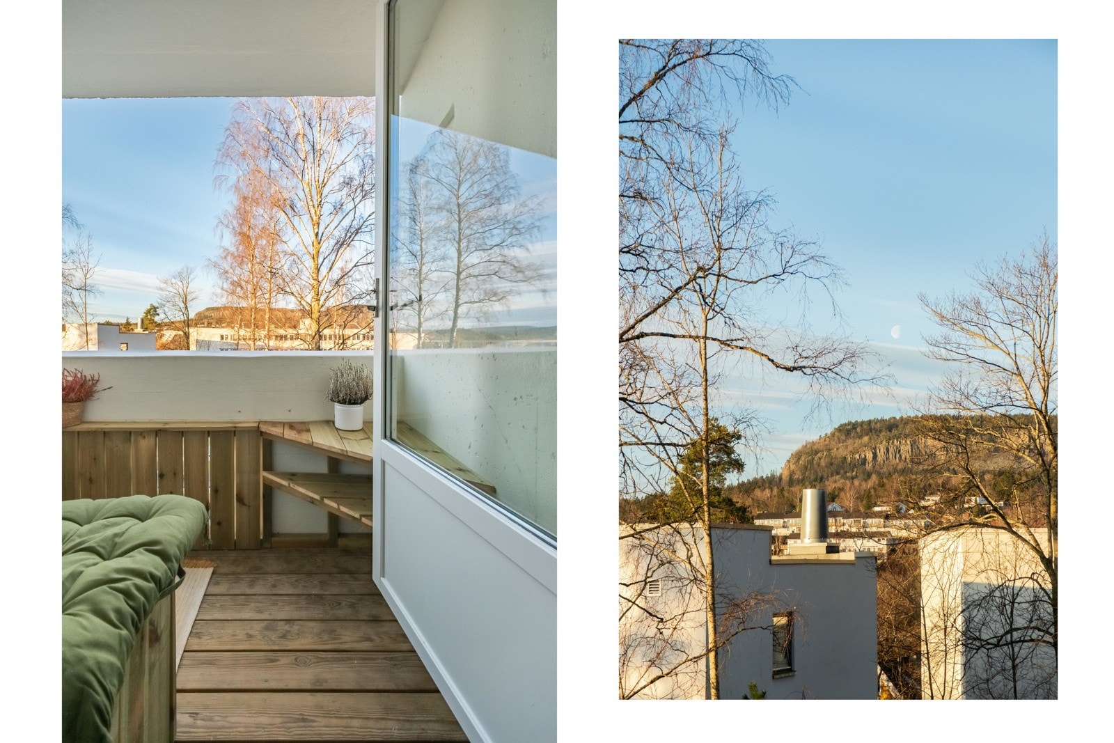 Vi tar turen ut. Her har selger, som er arkitekt, plassbygget både benk og bord med oppbevaring. Det følger selvfølgelig med! Galleribilde