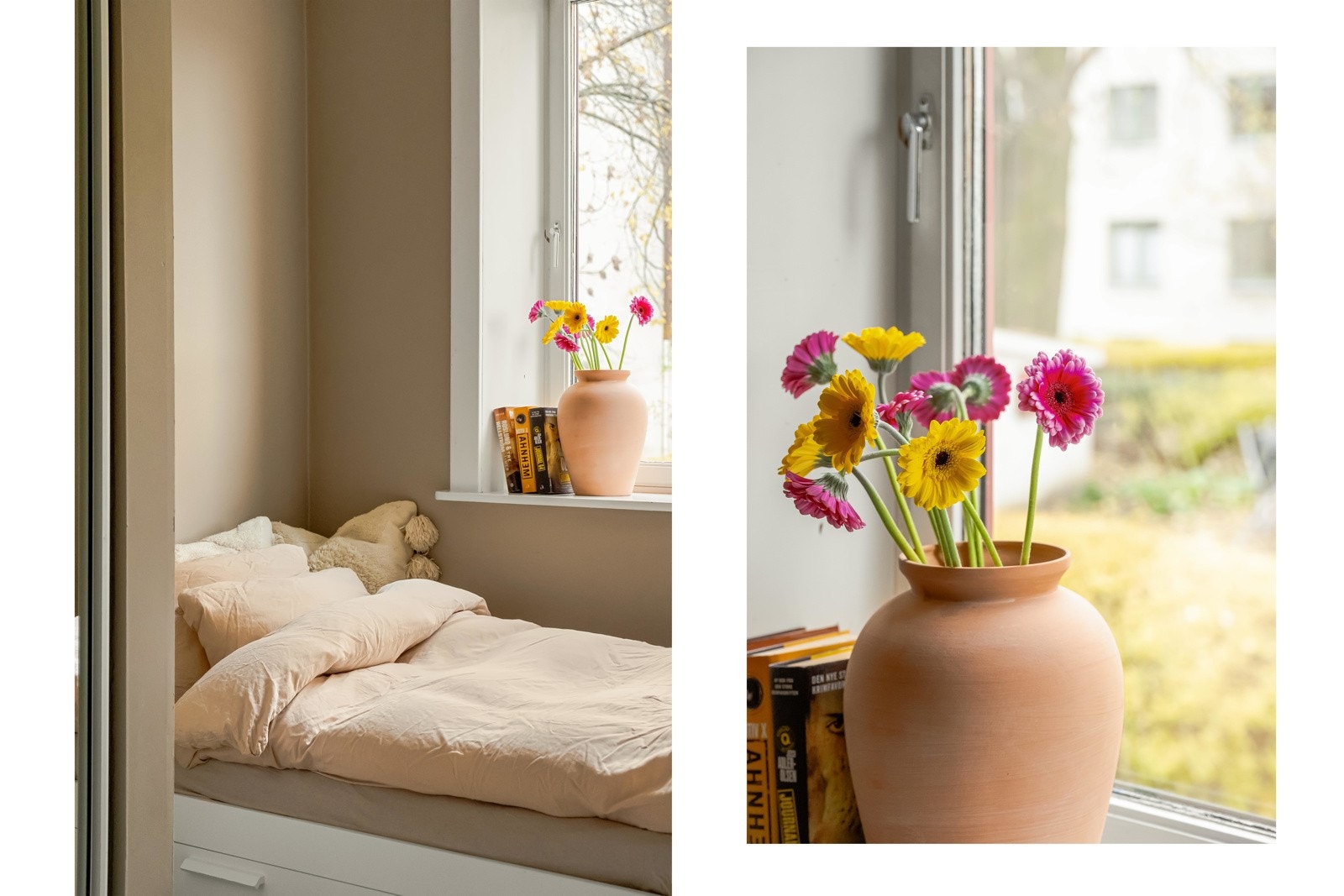 Rommet er malt i en dus og fin fargetone. Også her finner vi de dype vinduskarmene, som bidrar til ekstra oppbevaringsplass. Galleribilde