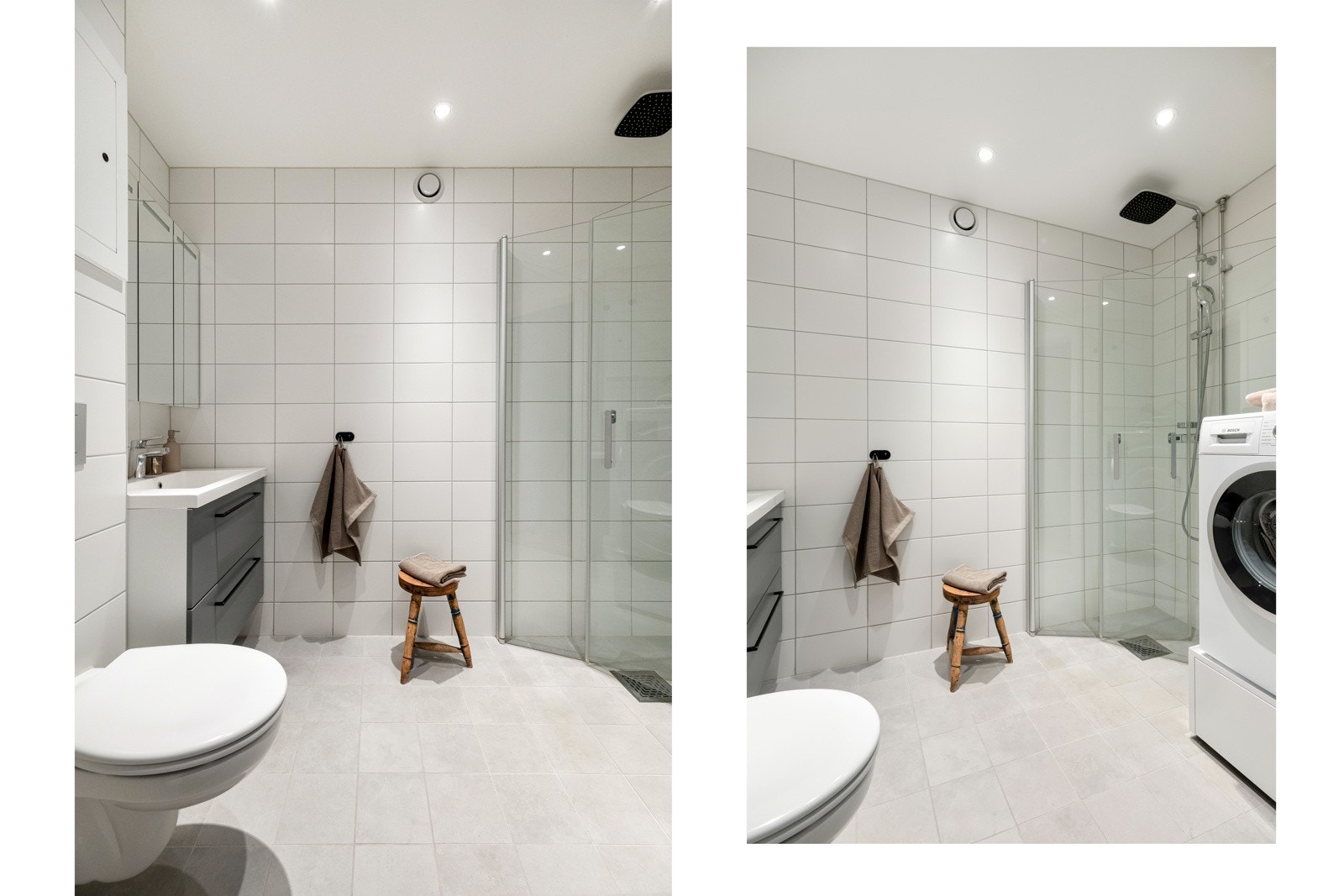 Badet er moderne og innbydende med fliser på vegger og gulv. Det ble pusset opp i 2016 i borettslagets regi. Galleribilde