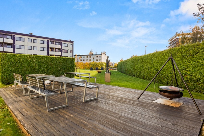 Pent opparbeidede fellesarealer med felles grillplass. Galleribilde