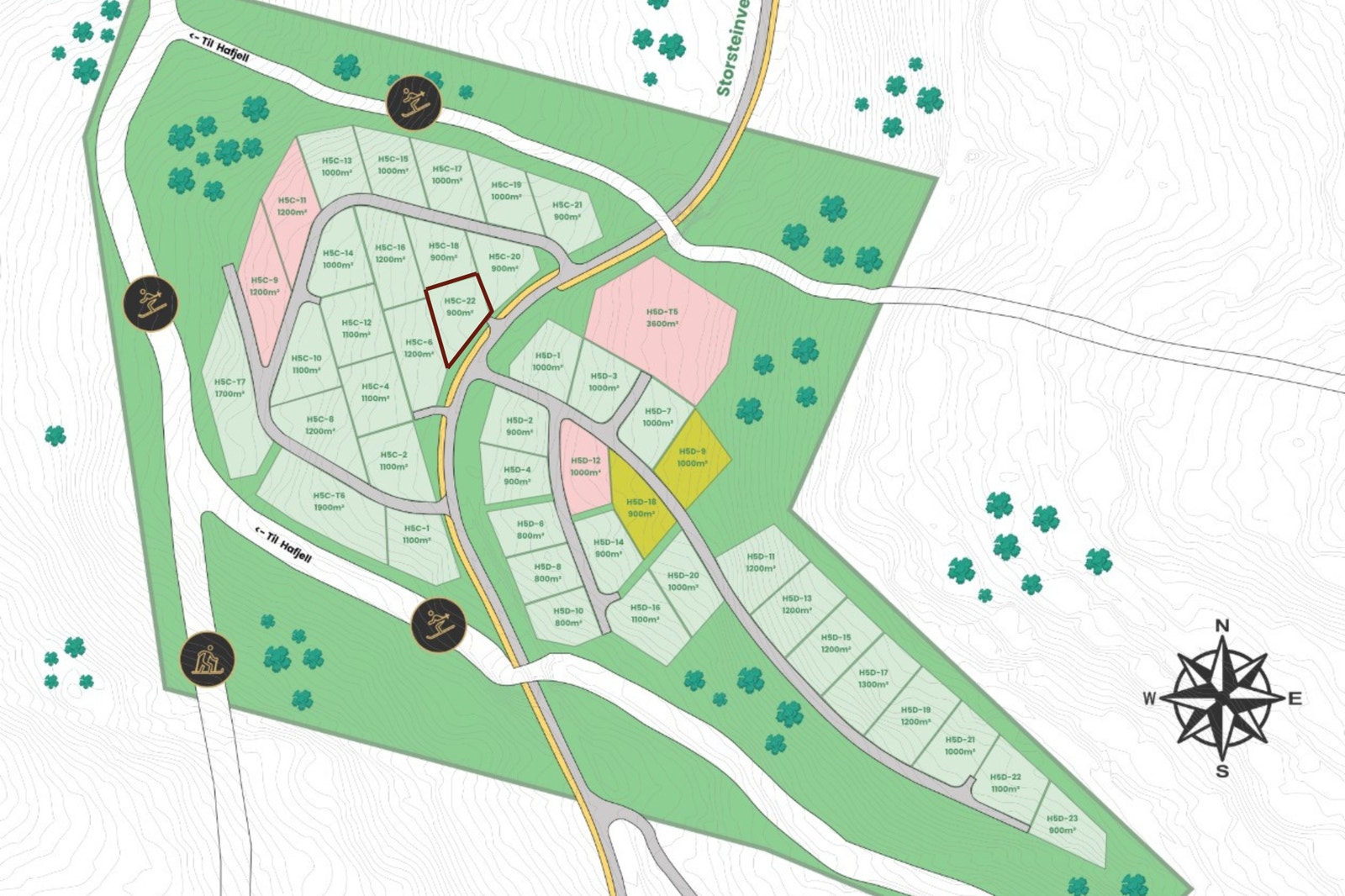 Oversikt over tomteområde. Tomt H5C-22 er avmerket. Bjørgesætra, byggetrinn 1, består av 44 unike hyttetomter. Innad på feltet legges det opp til brede veger som gjør at ferdsel kan skje trygt for både store og små. Byggingen er i gang. Galleribilde