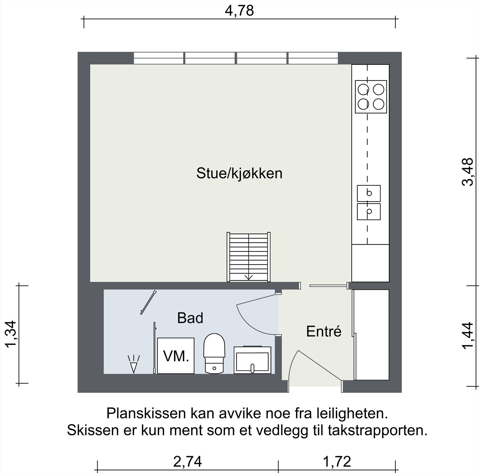 Planløsning - Vegger og tak er slette og malte. Badet har flislagte vegger. Gulvet på badet er flislagt med nedsenket dusjsone og utstyrt med elektriske varmekabler. Kjøkkenet er innredet med malte, glatte fronter, en solid heltre benkeplate. Galleribilde