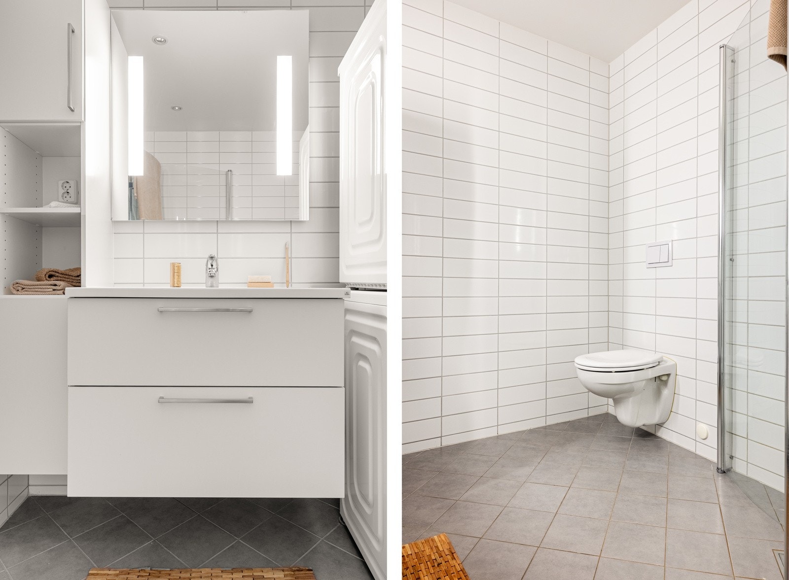 Badet er innredet med vegghengt toalett, dusj med glassdører, servantmøbel med skuffer og speil med integrert belysning, samt opplegg for vaskemaskin og tørketrommel. Galleribilde