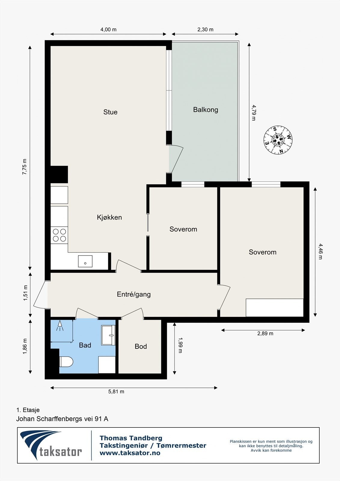 Plantegning over boligen. I tillegg medfølger det garasjeplass og stor bod tilgjengelig i underetasjen. Leiligheten ligger med inngang i første etasje, men oppleves som en andre etasje ettersom vinder og balkong ligger én etg. over bakkenivå. Galleribilde