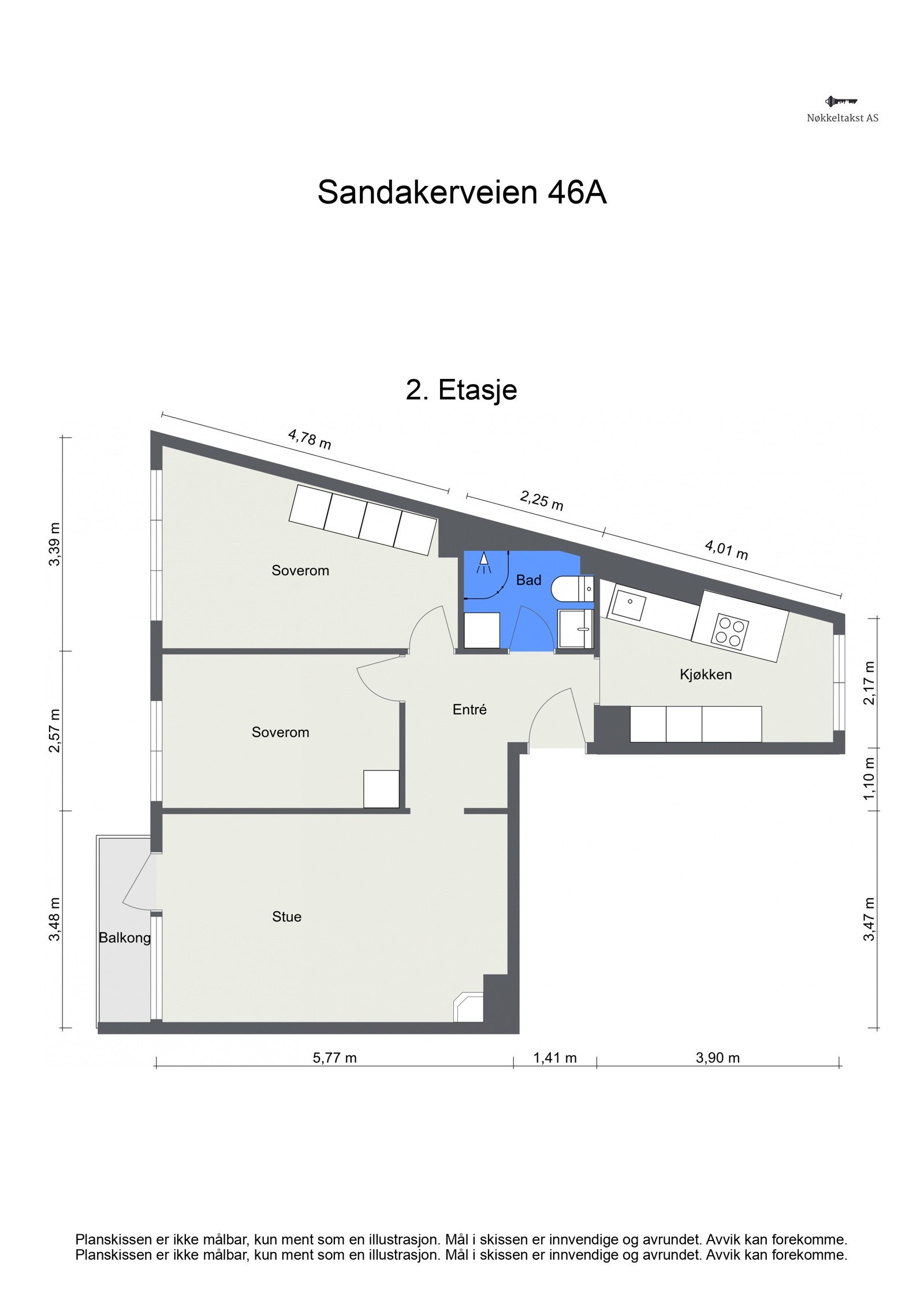 Boligen ligger i 2. etasje har har takhøyde 2,23-2,69. Boligen består av entré, kjøkken, stue med utgang til balkong, 2 soverom og bad. Galleribilde