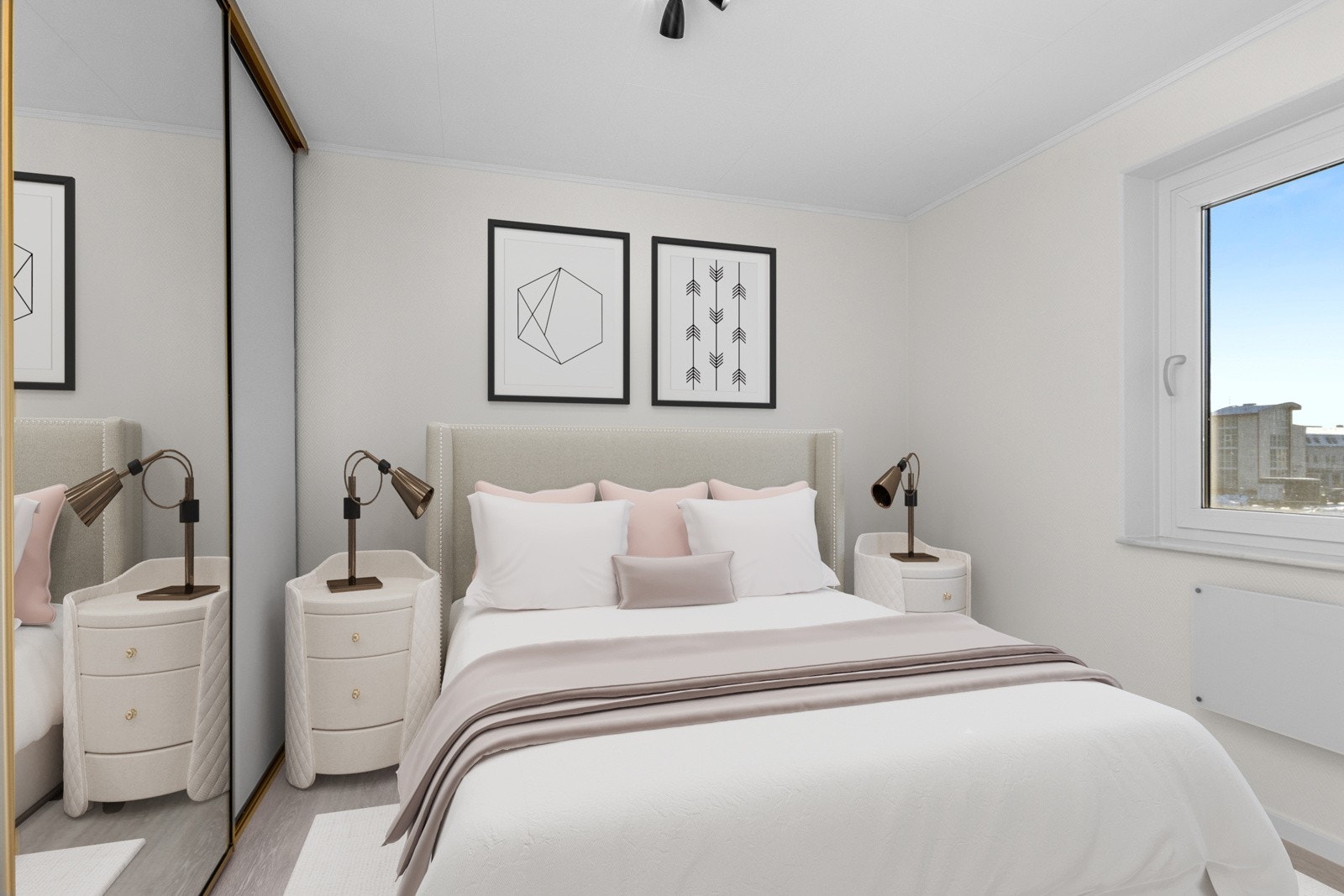 Soverom med skyvedørsgarderobe med speilfront (virtuell møblering) Galleribilde