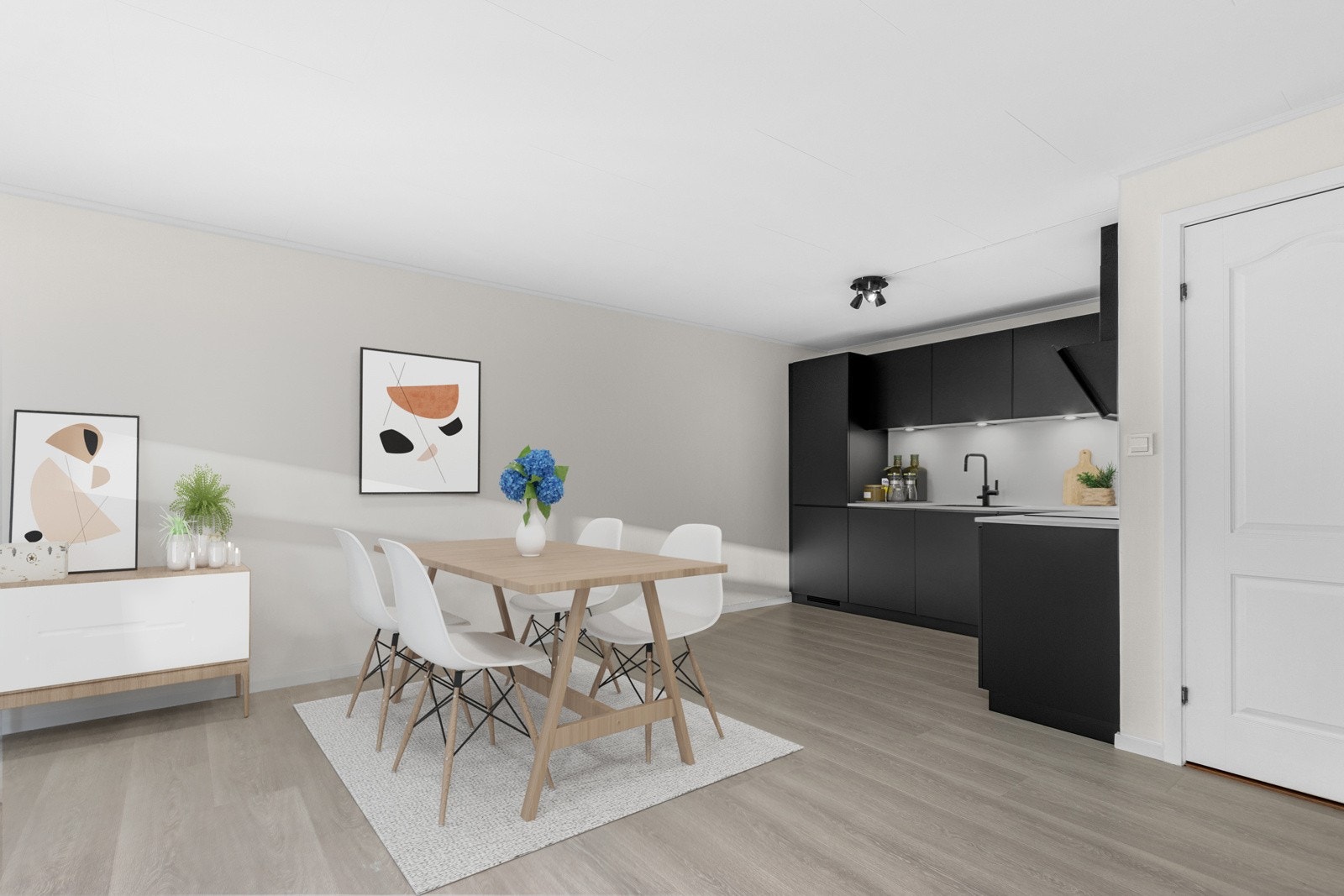 Nytt kjøkken fra Kvik med god plass til en trivelig spiseplass. Integrerte hvitevarer.(virtuell møblering) Galleribilde