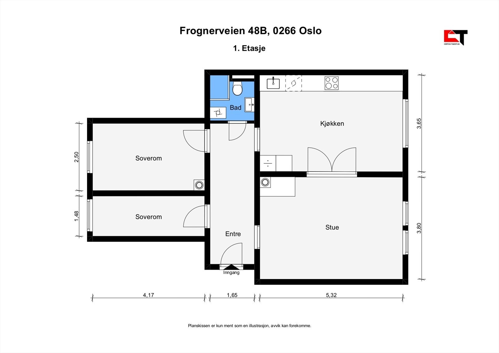 Boligen er på 72 m² og inneholder entré, stue, kjøkken, bad og to soverom Galleribilde