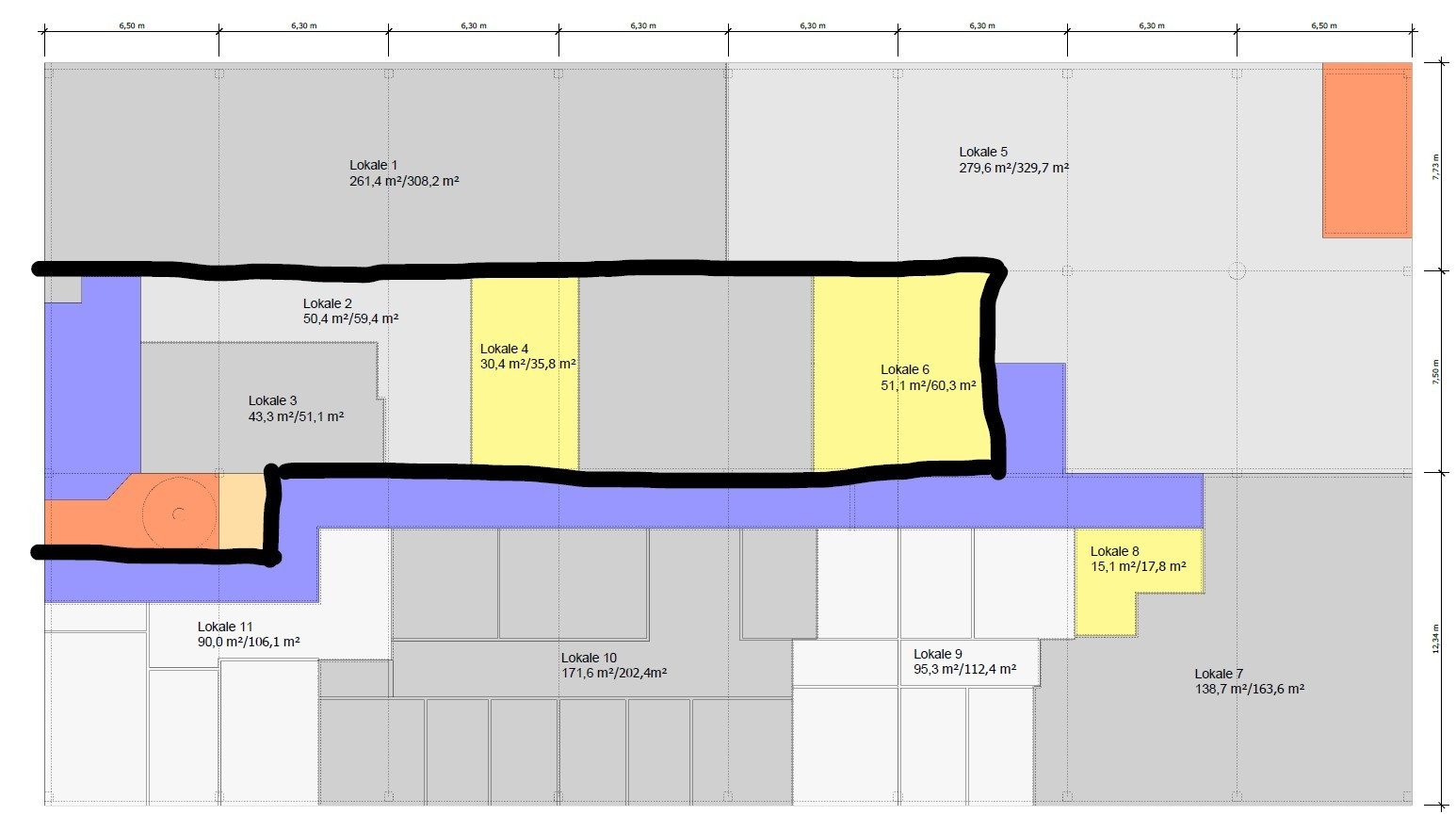 Plantegning 4. etg. Område markert med sort, er i dag innredet som treningsrom med moderne garderober.