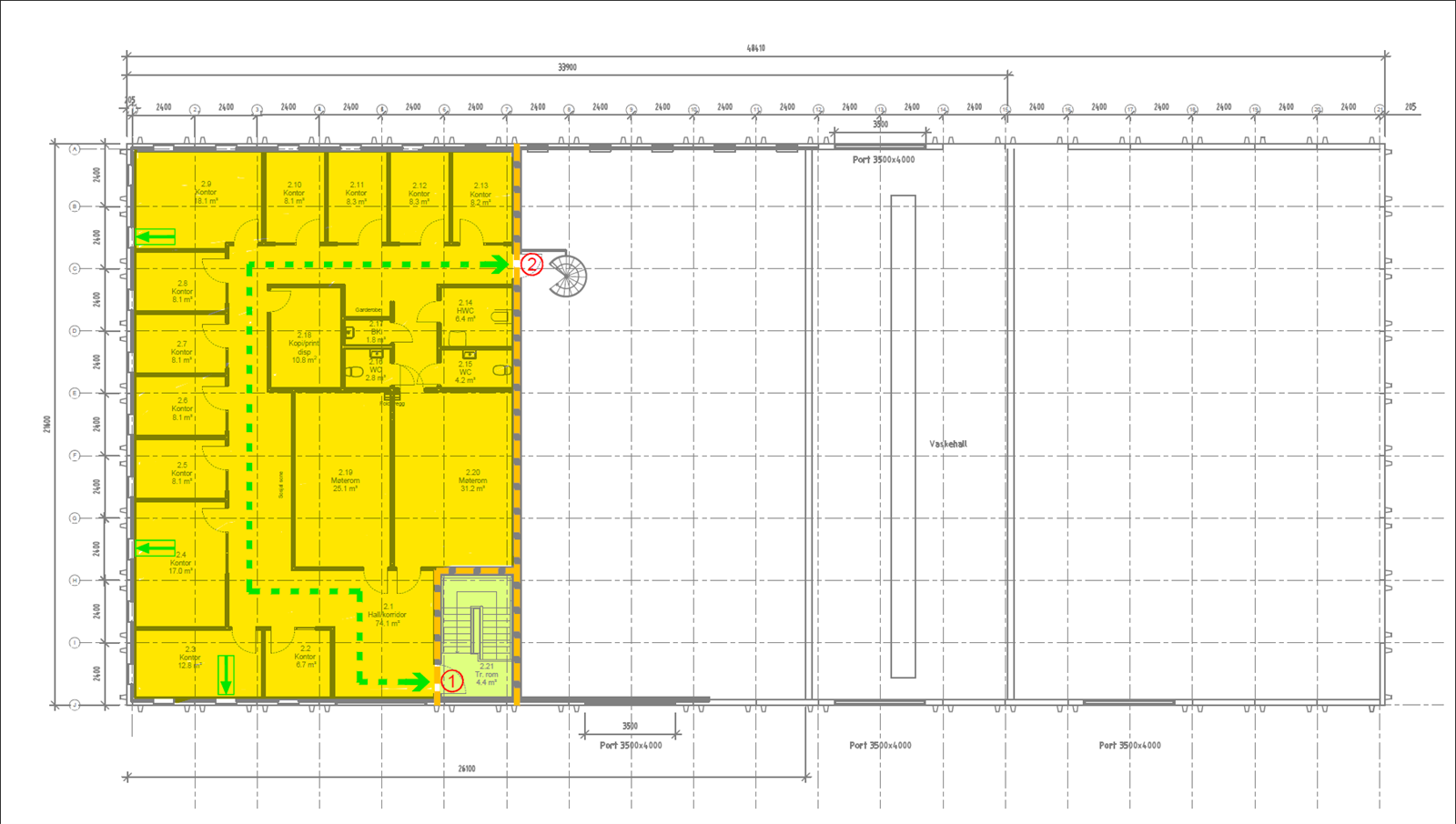 Plantegning 2.etg. kontor merket med gult. BTA ca. 322 m².