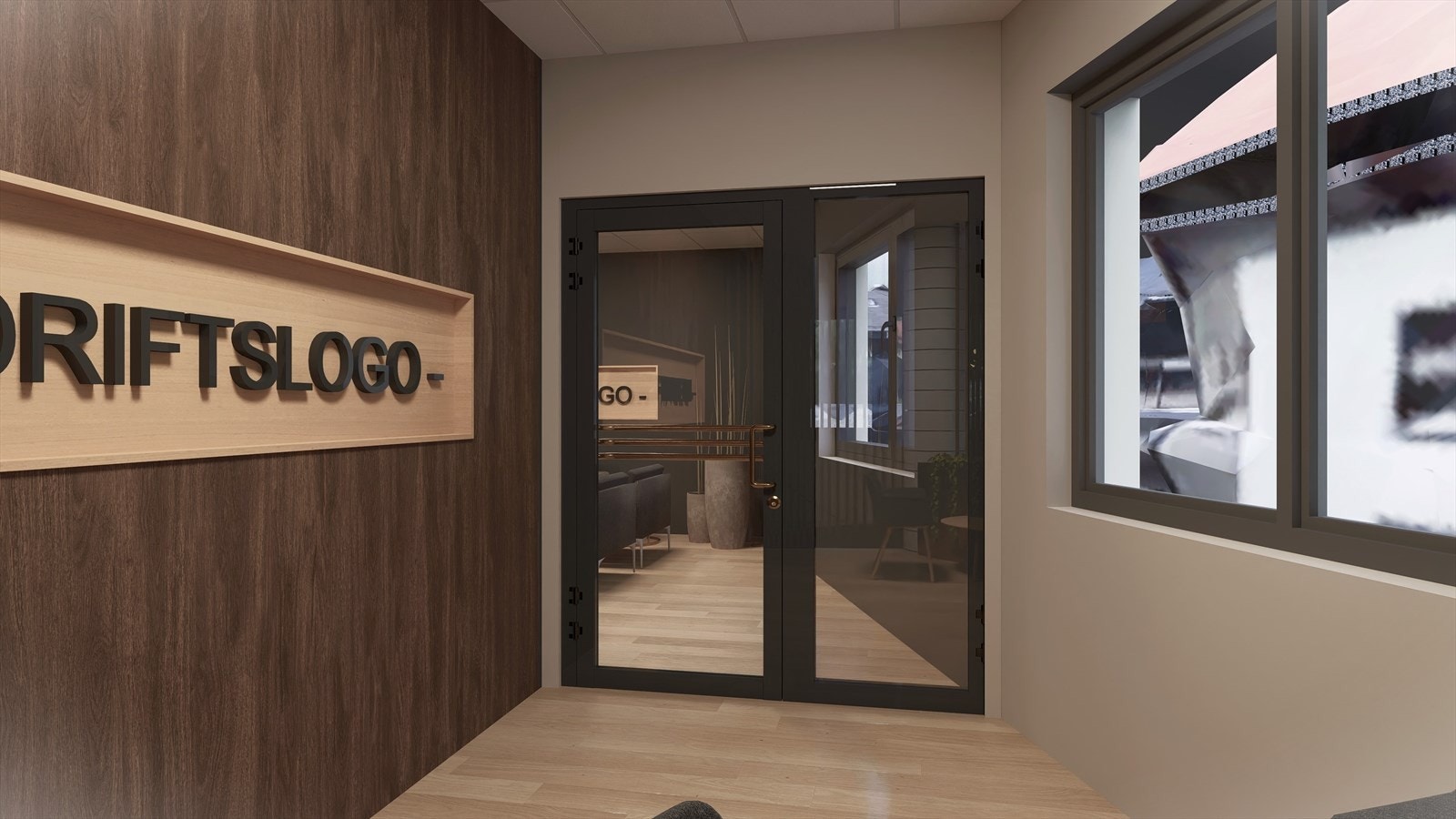 Illustrasjon av inngangsparti til ledige lokaler i 2. etg. BTA 430 m². Lokalet er i dag utleid til tannlegekontor. Det er heis til 2. etg. Galleribilde