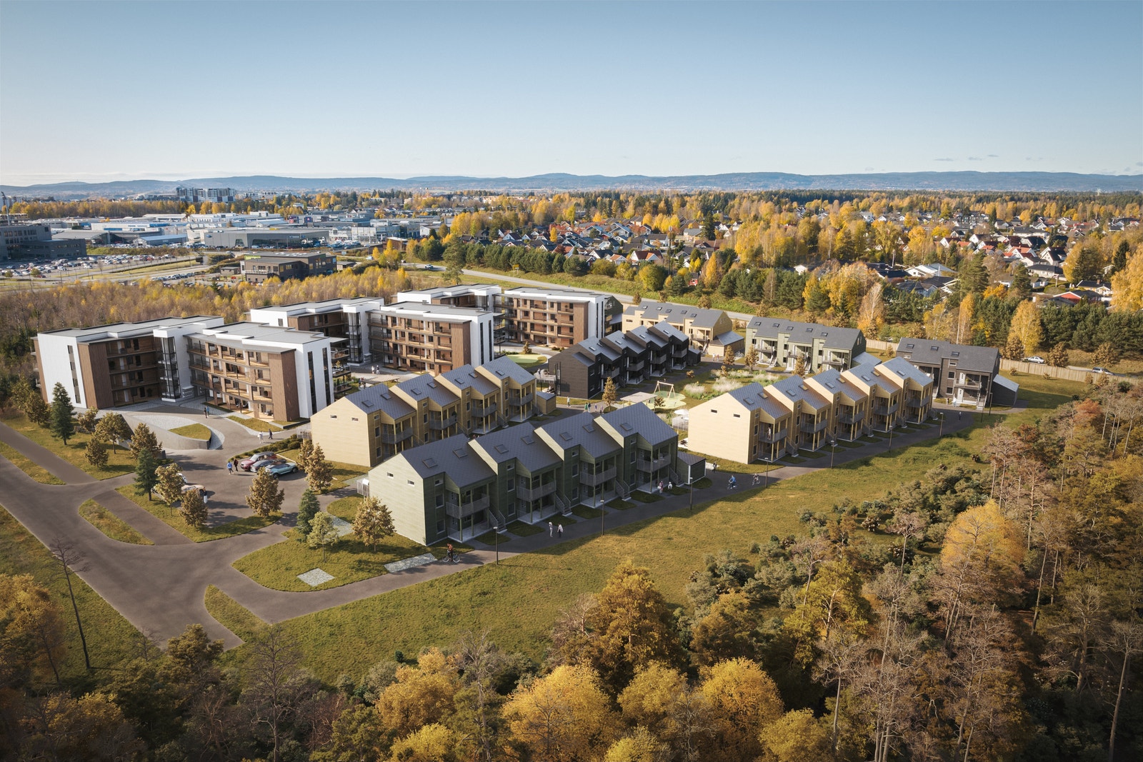 Utbyggingen på Nordby Plass og Nordbygrenda, byggene som nå ligger ute for salg( A og B) er de to som er nederst til venstre. Galleribilde