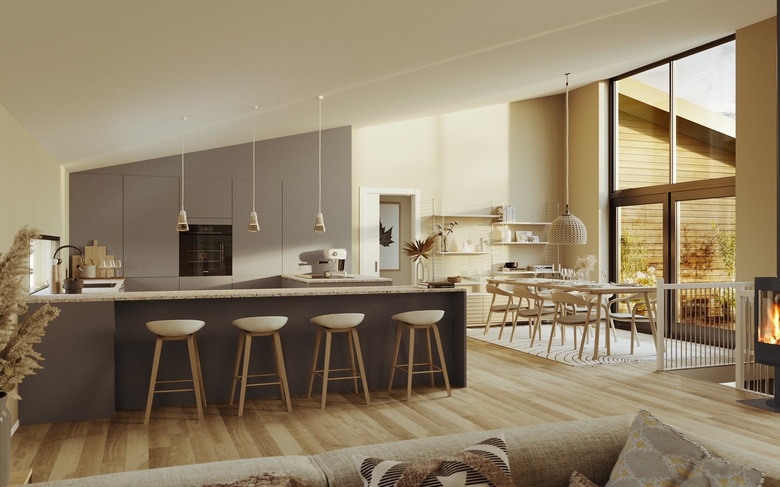 Boligen bygges med åpen stue- og kjøkkenløsning - Illustrasjon av interiør Galleribilde