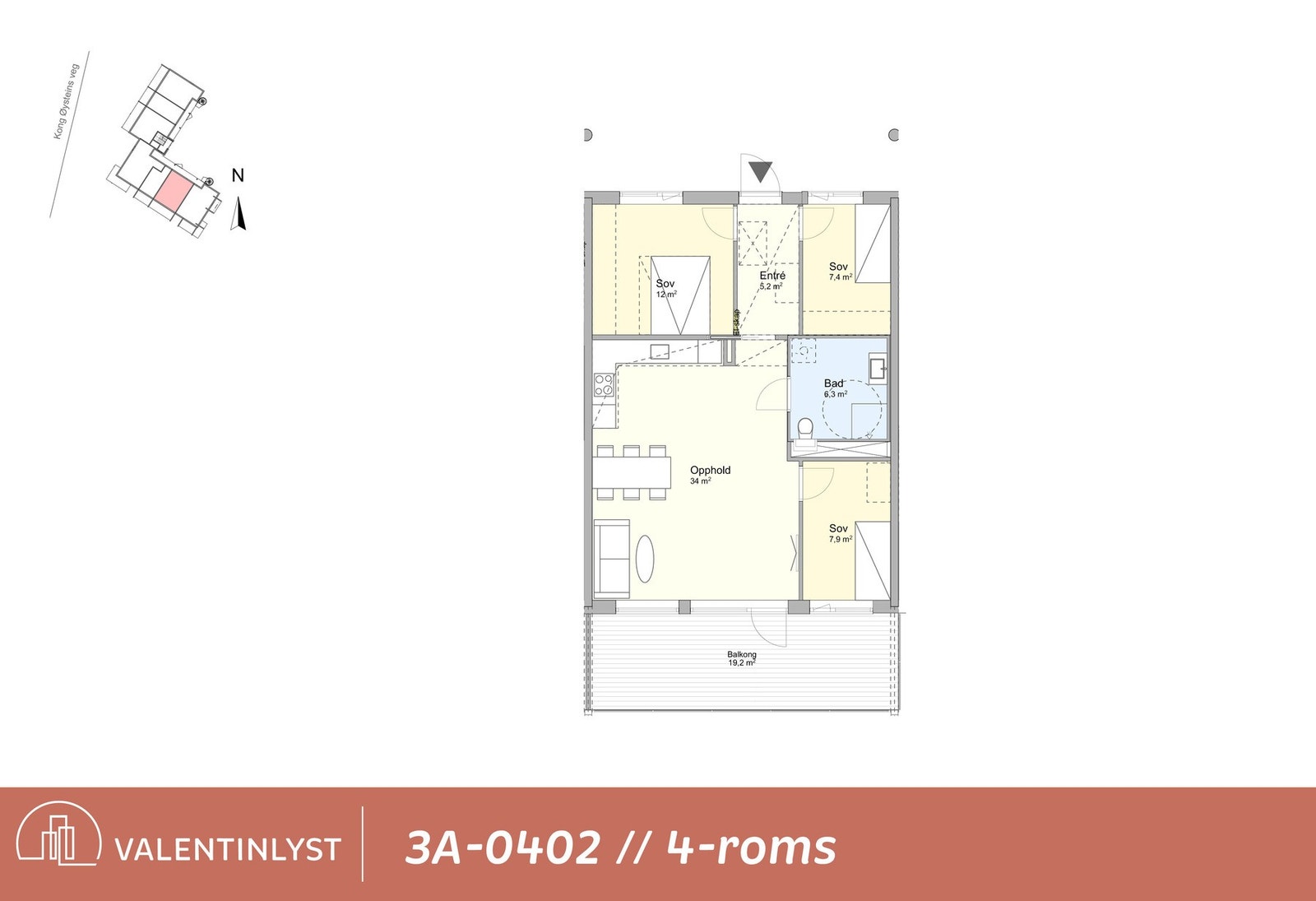 Plantegningen viser den godt utnyttede planløsningen med 3 soverom, åpen stue - og kjøkkenløsning, entré med oppbevaringsmuligheter, romslig baderom og svært flott balkong. Galleribilde