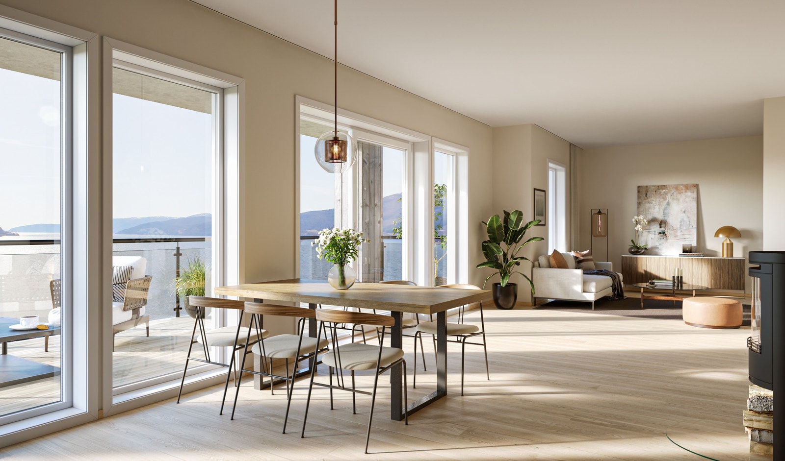 Illustrasjonsbilde fra stue- og kjøkken. Herfra har du nydelig utsikt over Sandeidfjorden! Galleribilde