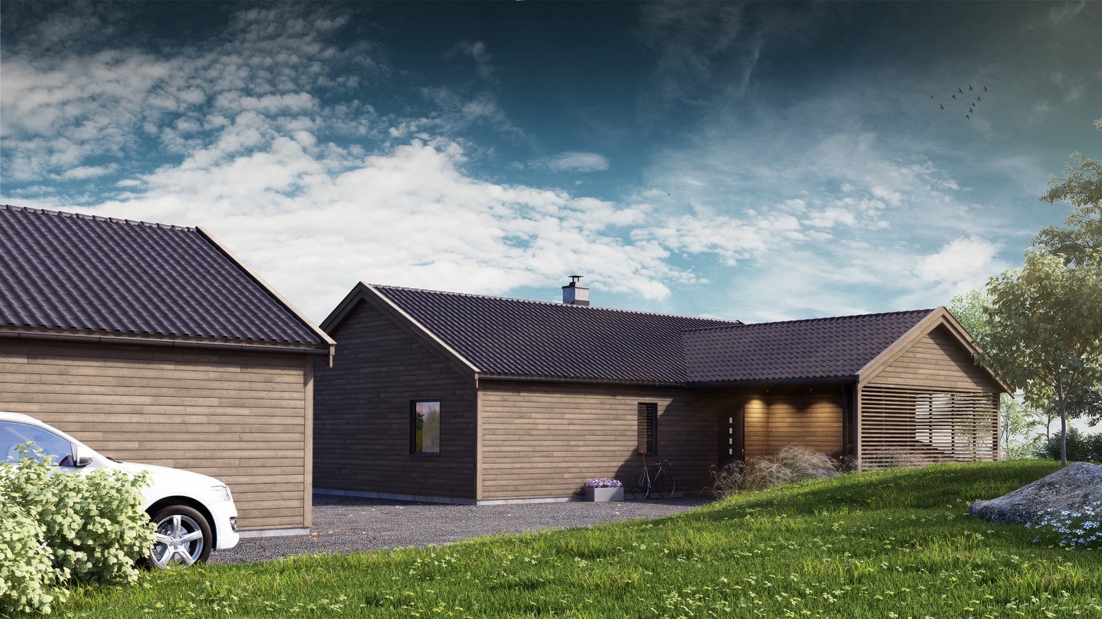 Her får du en flott enebolig med alt på en flate med carport. Galleribilde