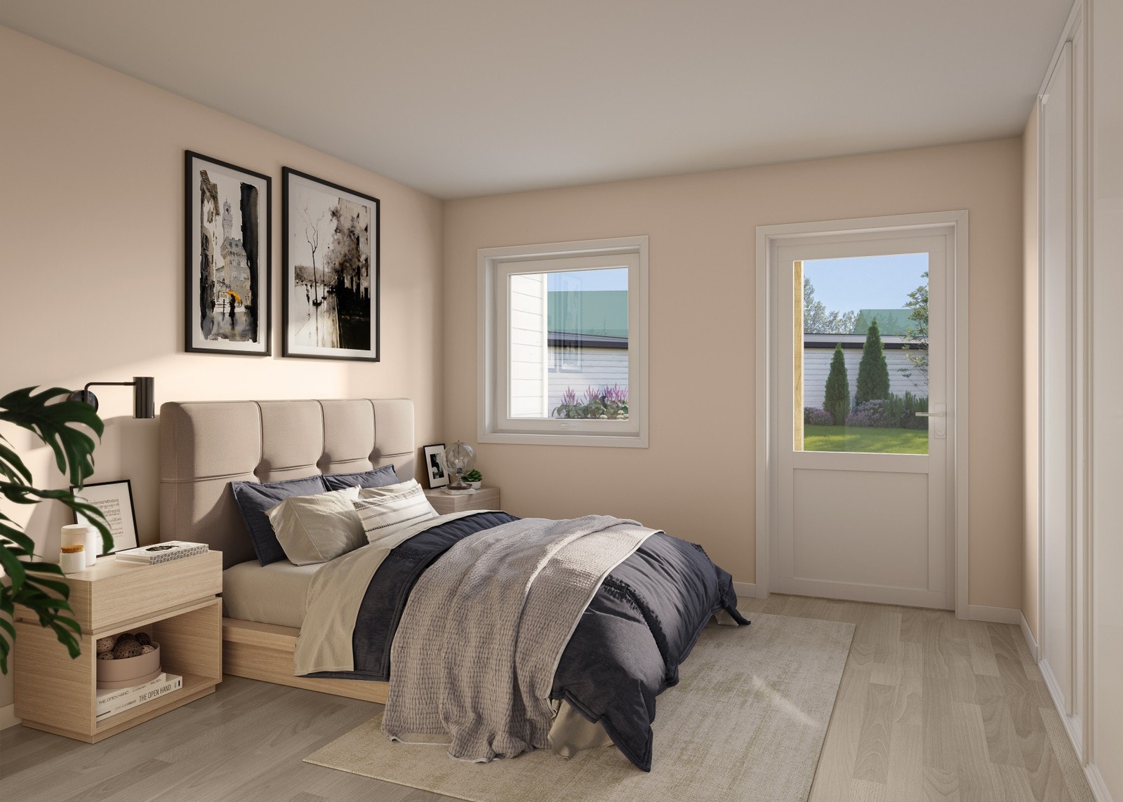 Illustrasjon - soverom 1, med utgang til terrasse og hage. Galleribilde