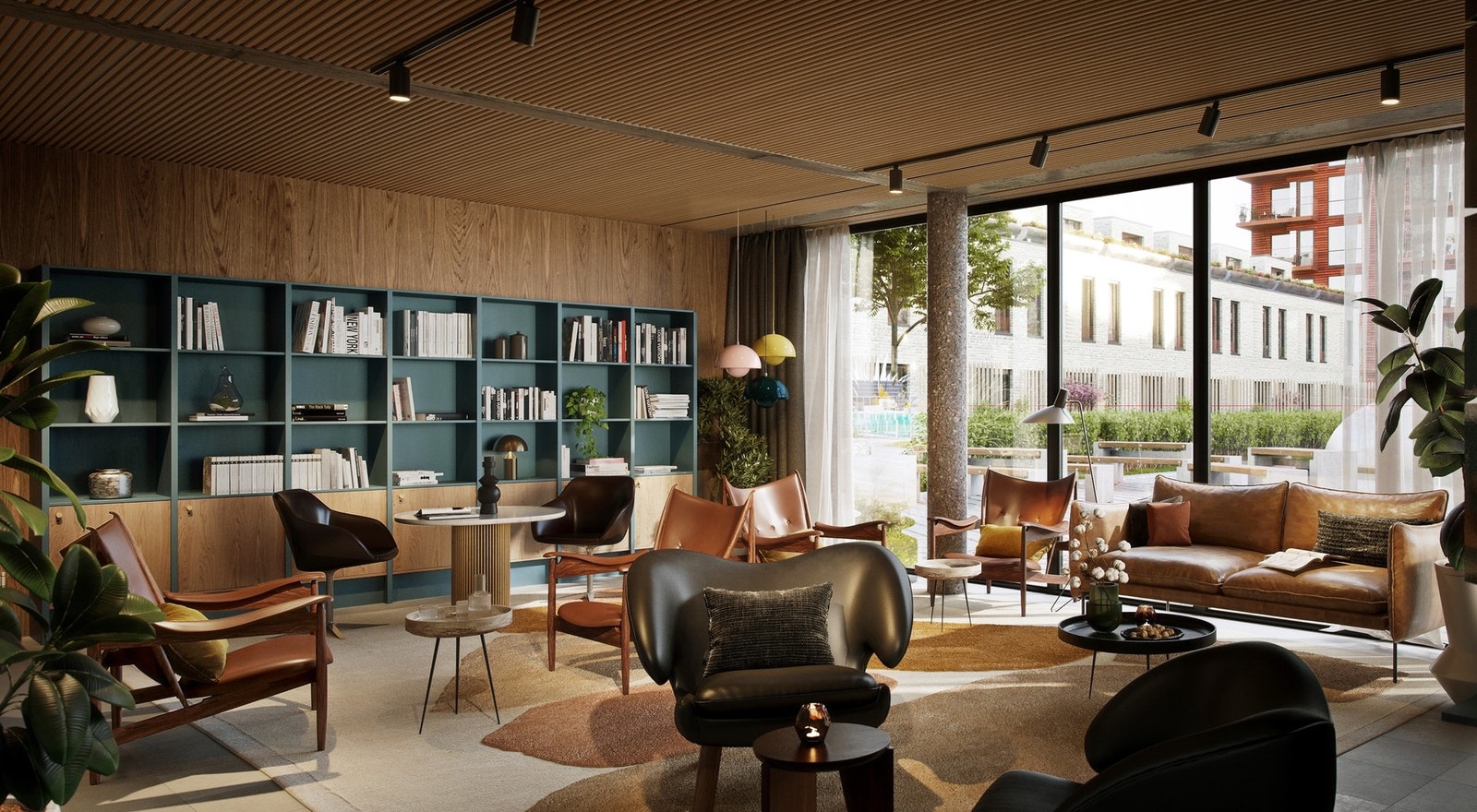 Illustrasjon av lounge og bibliotek i fellesareal. Galleribilde