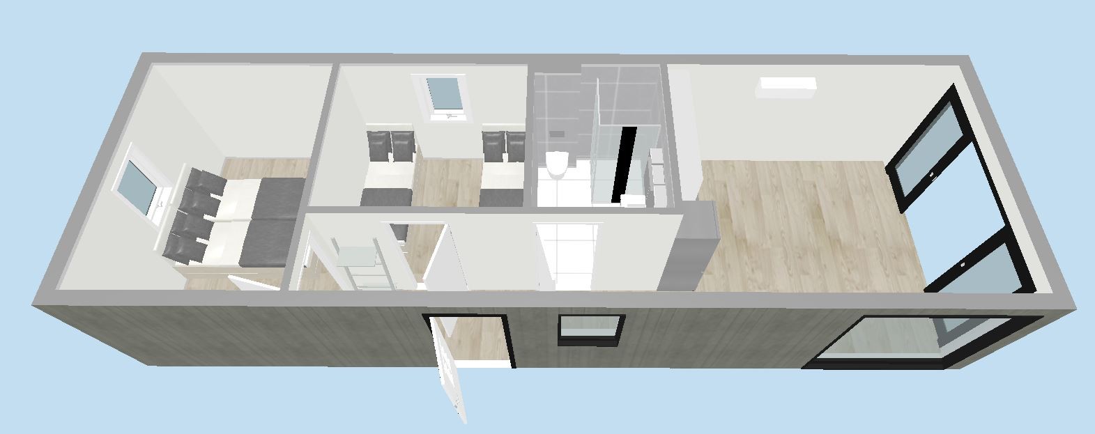 3D bilde av hytta, det er med inredet hems. Galleribilde