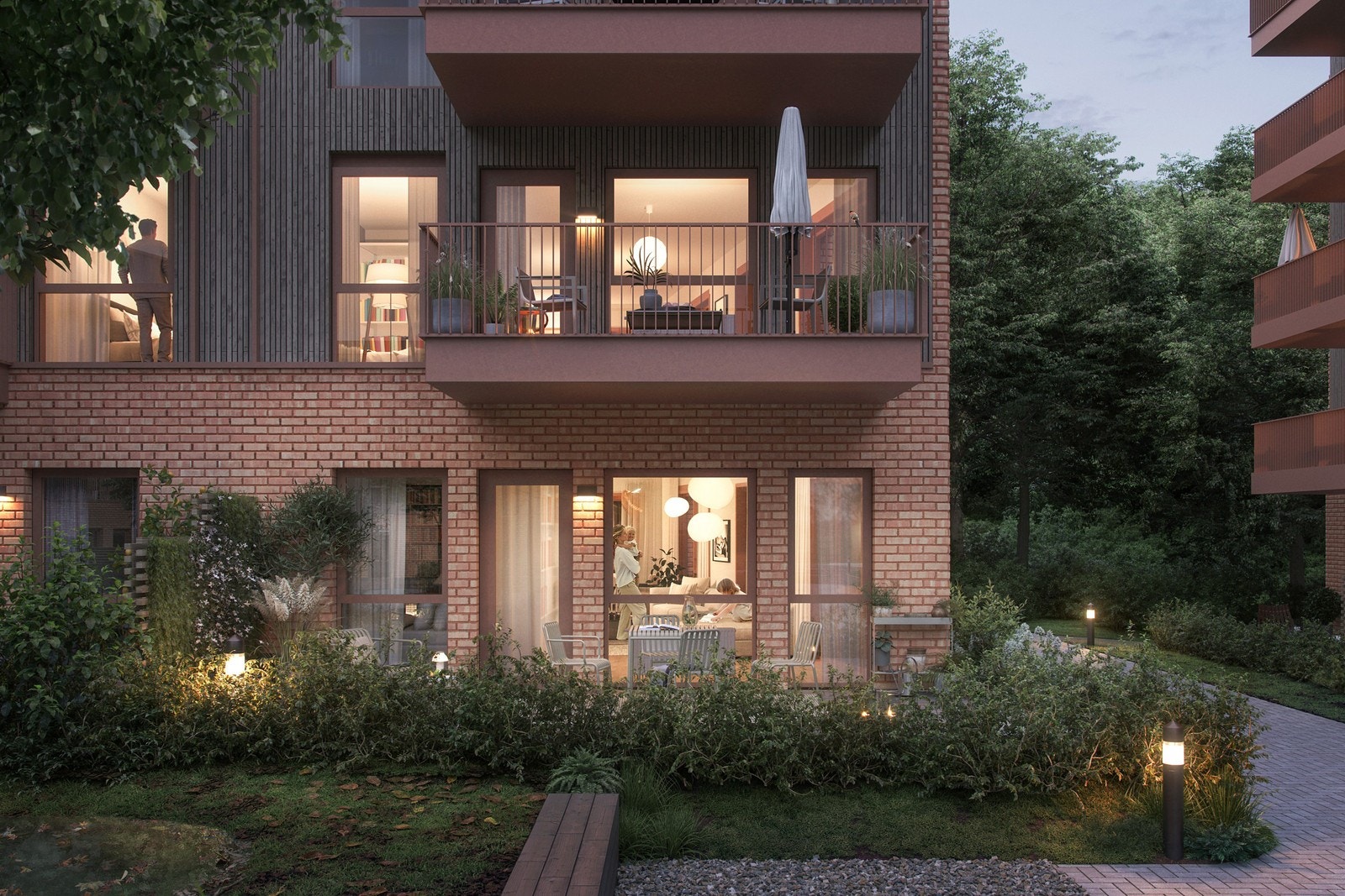 Vollebekk stasjon er et boligprosjekt som fremhever det sosiale, gjennom å utvikle innbydende fellesområder, takterrasser og soner. Dette er en illustrasjon, og avvik kan forekomme. Galleribilde