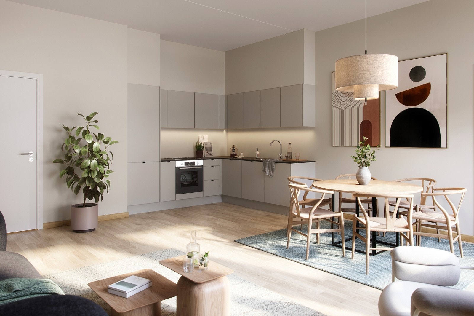 Kjøkkenet er moderne og stilrent, med tidløse farger som skaper en elegant og innbydende atmosfære. Dette er en illustrasjon, og avvik kan forekomme. Galleribilde