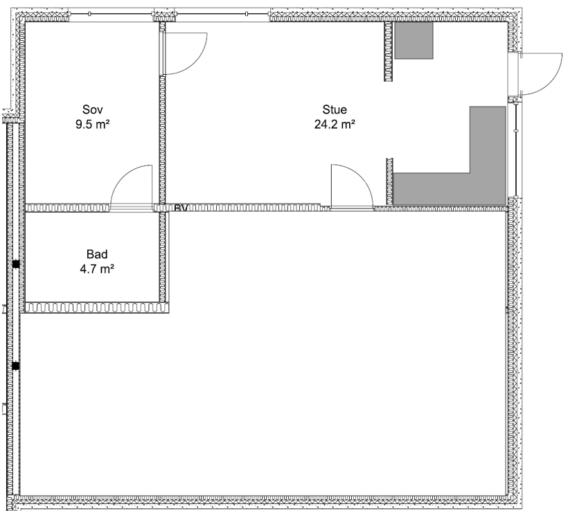 Plantegning. Hybelen er bygningsmessig godkjent for varig opphold. Hybelen er lokalisert i kjelleren, og er utstyrt med store vinduer. Galleribilde