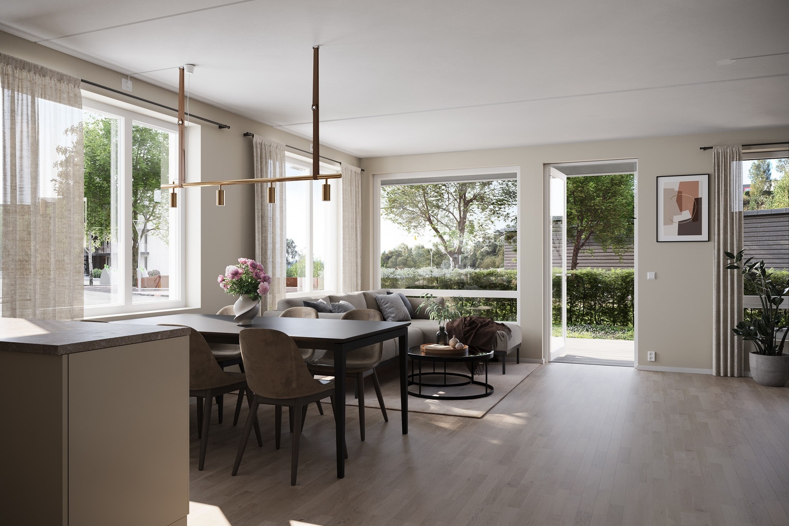 Leilighetene på 85 kvm sett ut mot stuen Galleribilde