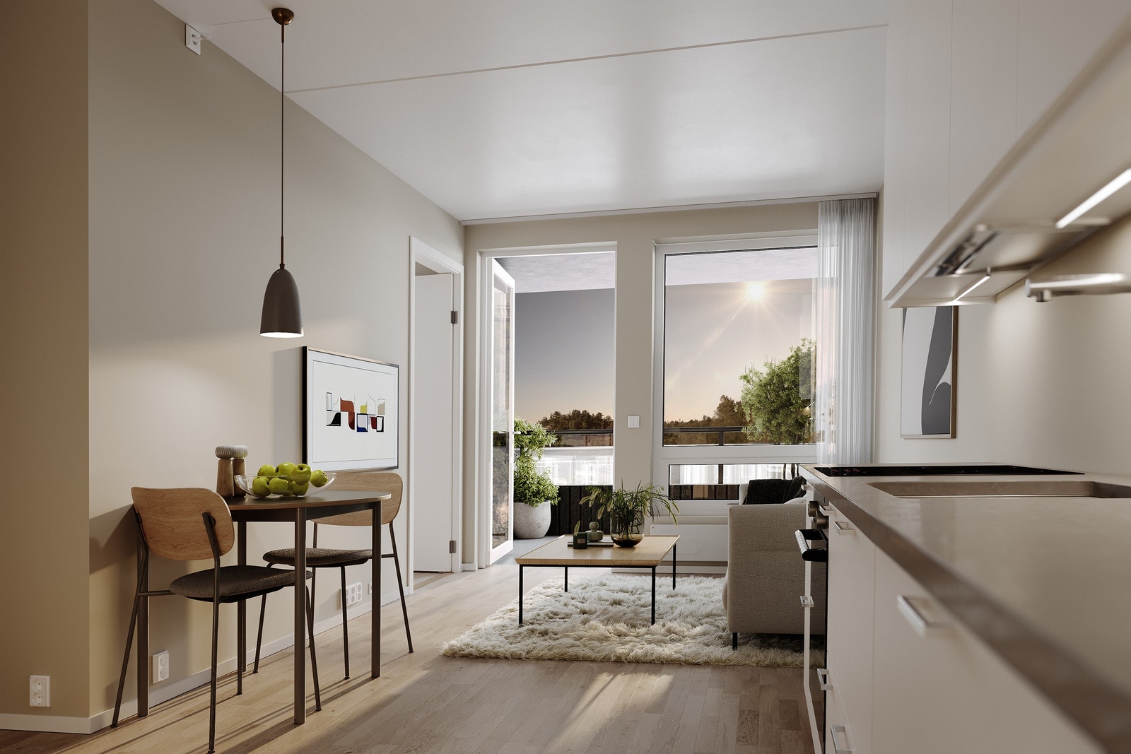 Stuen sett fra kjøkkenet på 40 kvm leilighetene Galleribilde