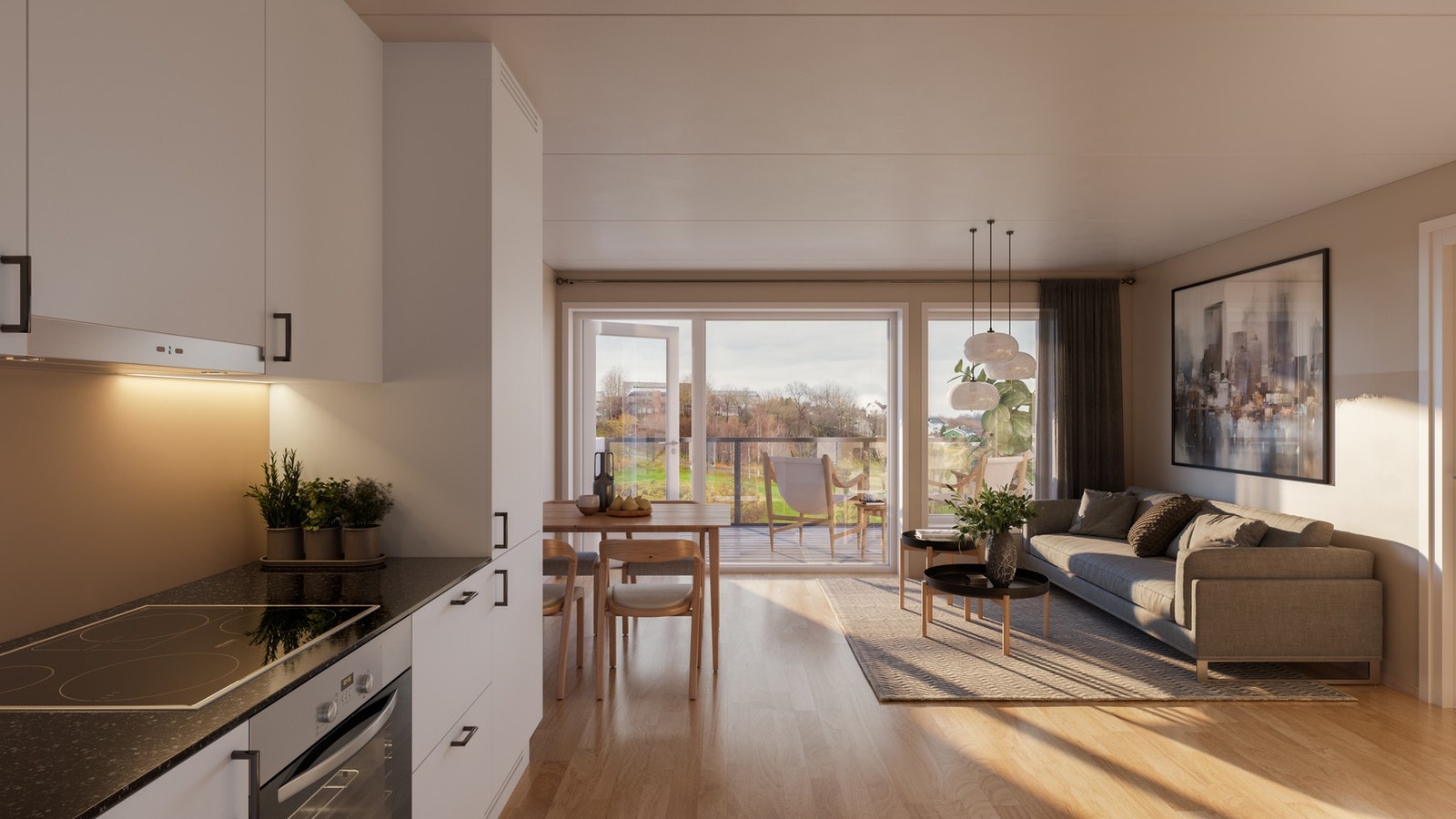 Moderne 3-roms leilighet med åpen stue - og kjøkkenløsning. Illustrasjon, avvik vil forekomme. Galleribilde