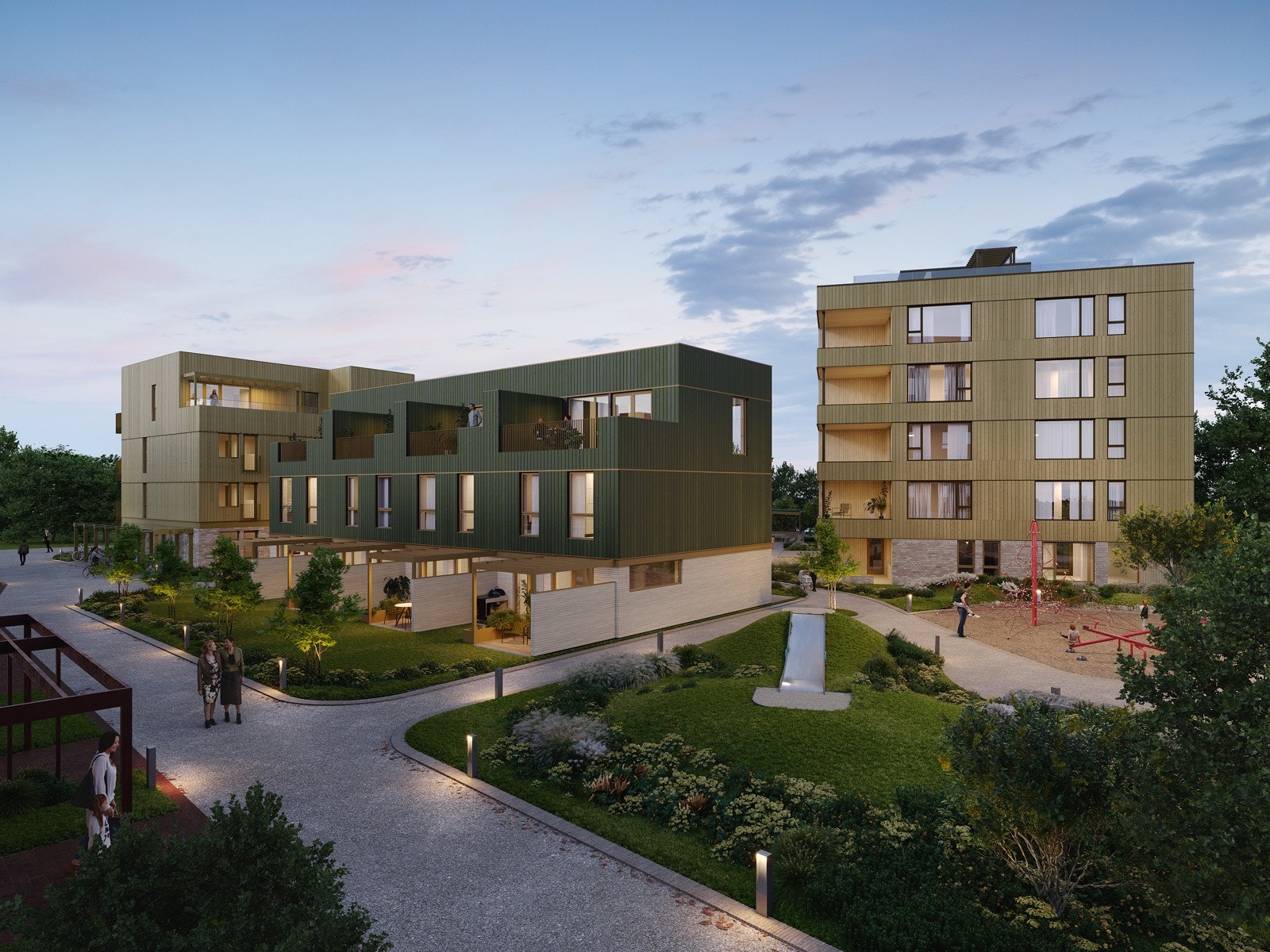 Trinn 3 består av 2 blokker med leiligheter og en rekke med flotte byhus. Galleribilde