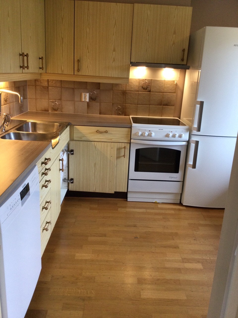 Kjøkken med oppvaskmaskin, komfyr, fryser/kjøleskap. Galleribilde