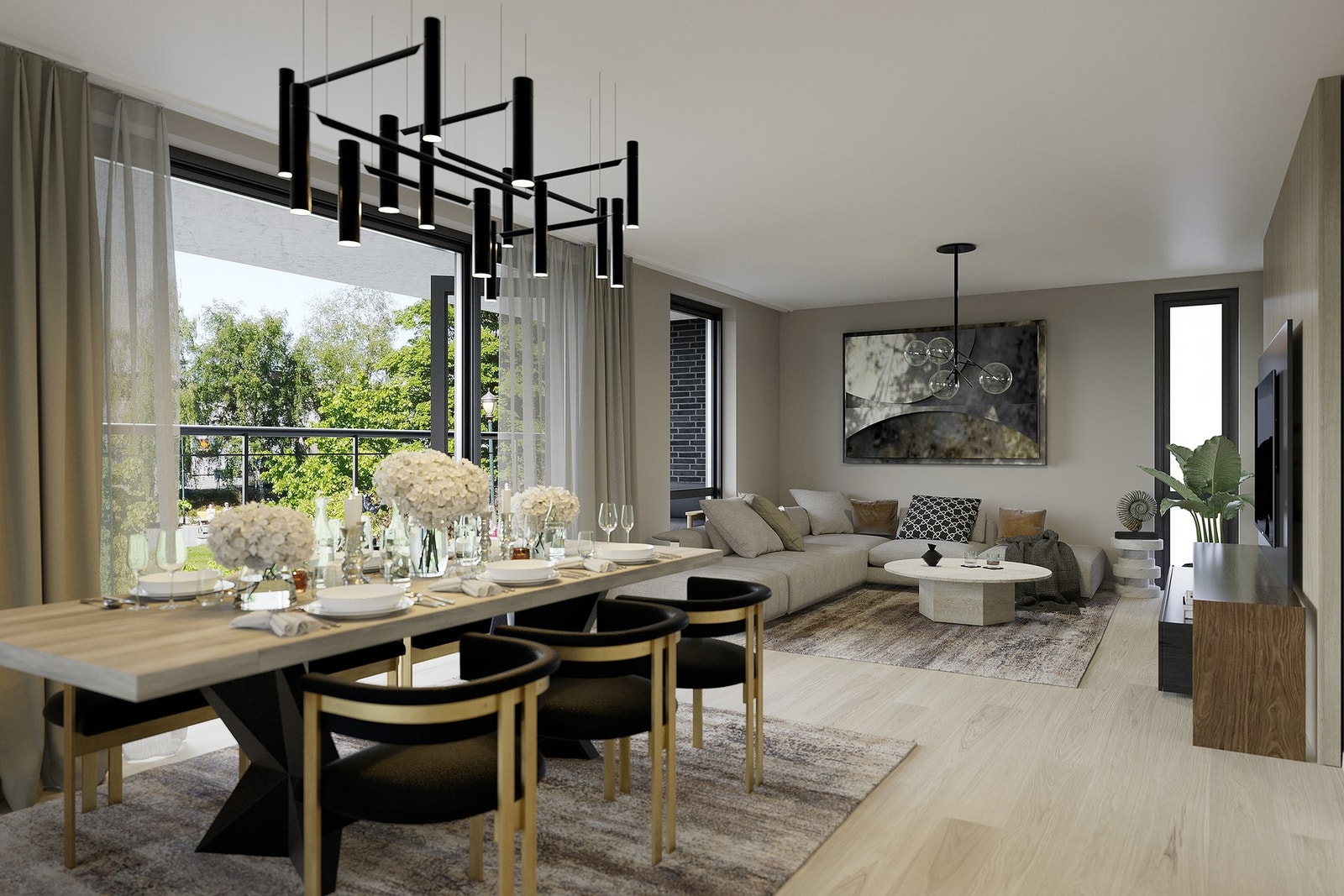 En eksklusiv leilighet med delikate materialvalg og en åpen stue - og kjøkkenløsning. Illustrasjon, avvik vil forekomme. Galleribilde