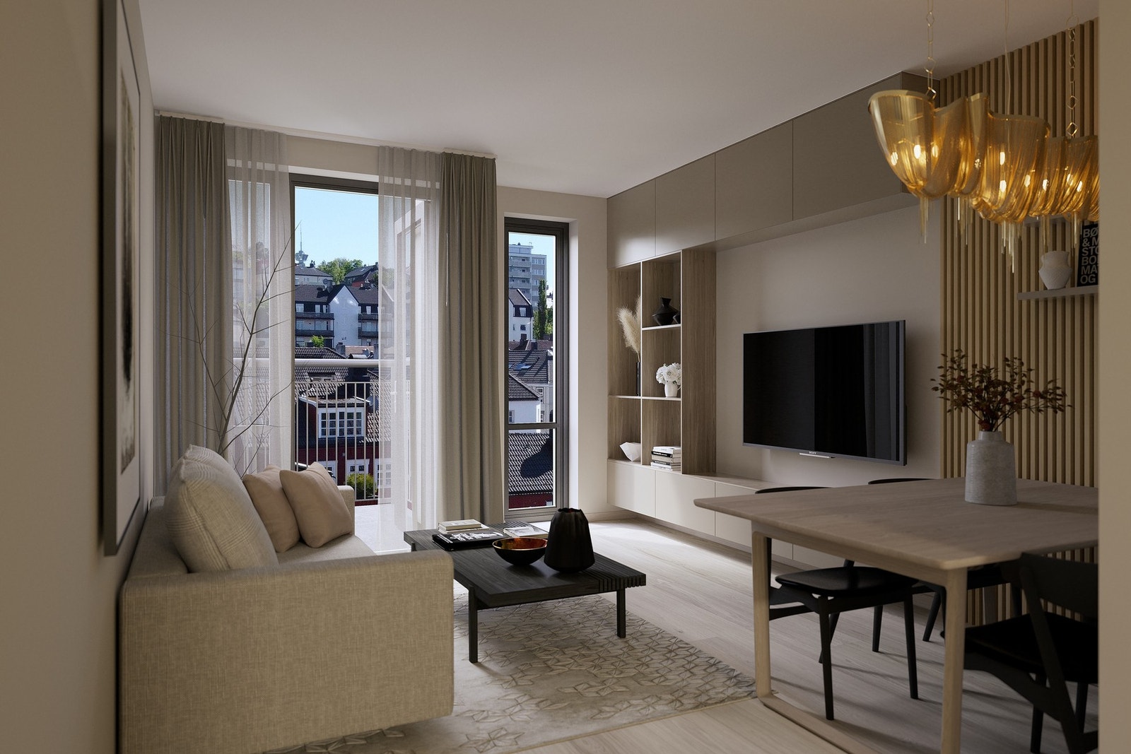 For leilighetene på 33 - 44 kvm blir det levert innredning på kjøkken, bad og garderobe fra HTH med Siemens hvitevarer på kjøkken. Her vil man nyte godt av en god planløsning, moderne og tidsriktige materialer og en sørvendt balkong. Illustrasjon, avvi... Galleribilde