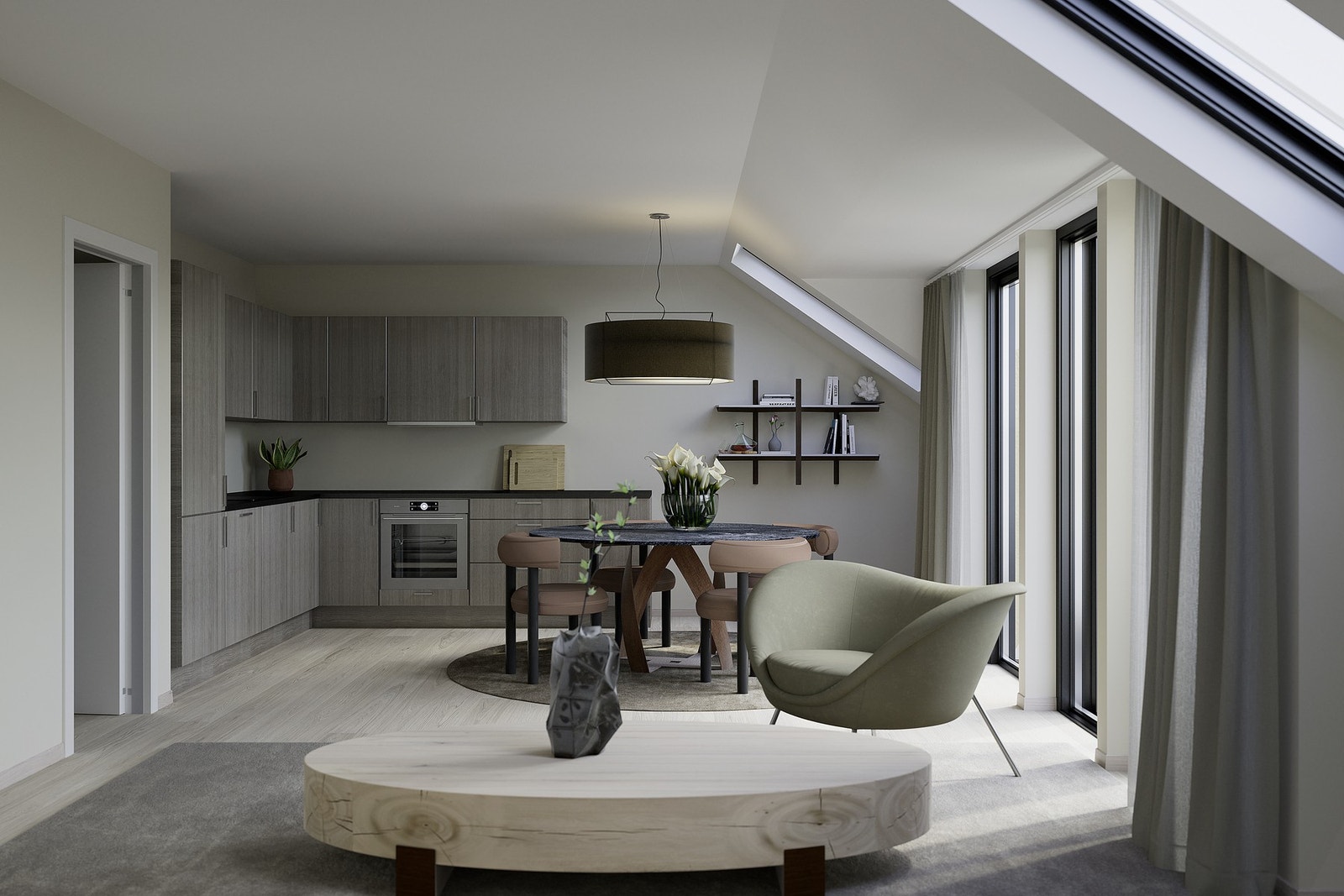 Vi har noen svært flotte 3-roms på toppen på 75 - 77 kvm med sørvendt balkong.
Skråtak med store takvinduer gir leiligheten
et unikt utseende og masse dagslys. Illustrasjon, avvik vil forekomme. Galleribilde