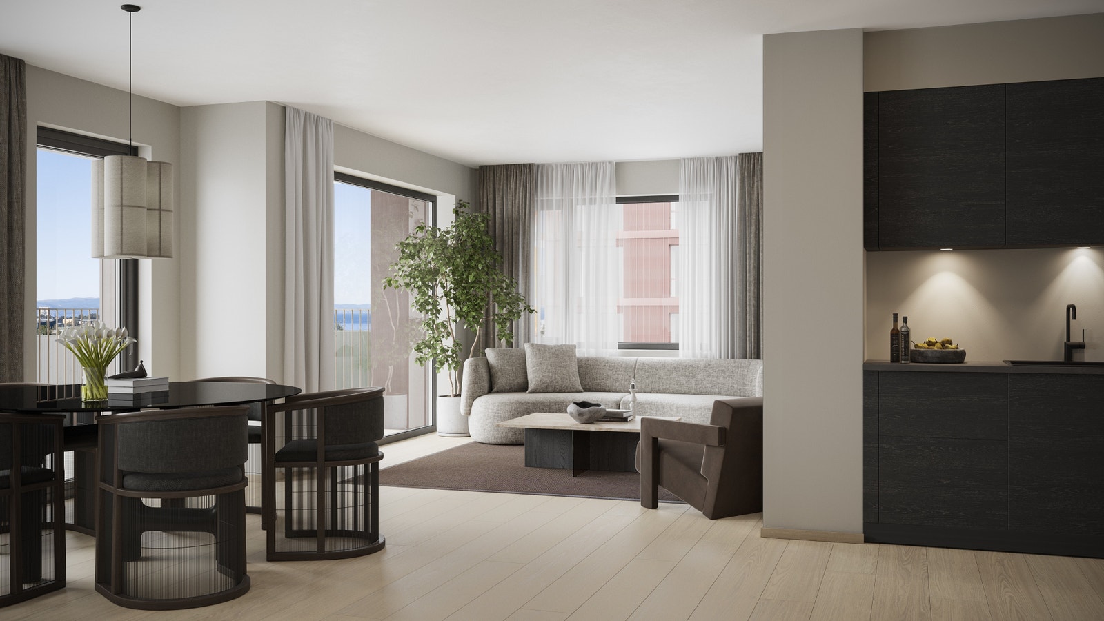 Illustrasjon fra stue på en leilighet. Bildet er en 3D illustrasjon - endringer vil forekomme. Galleribilde