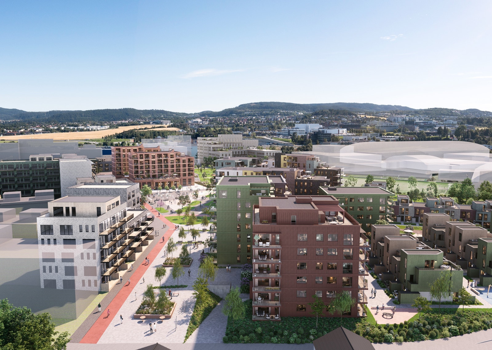 Bygg A på Tunet ligger i enden mot eneboligbebyggelsen i Peder Østlunds veg. Bildet er en 3D illustrasjon - endringer vil forekomme. Galleribilde