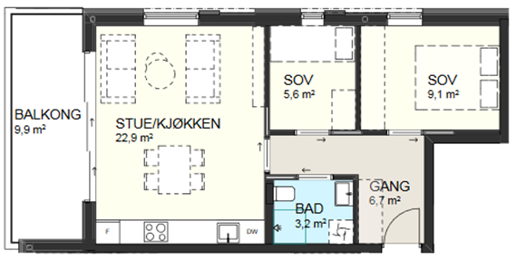 Kjekk leilighet med god planløsning, her med ca-mål Galleribilde