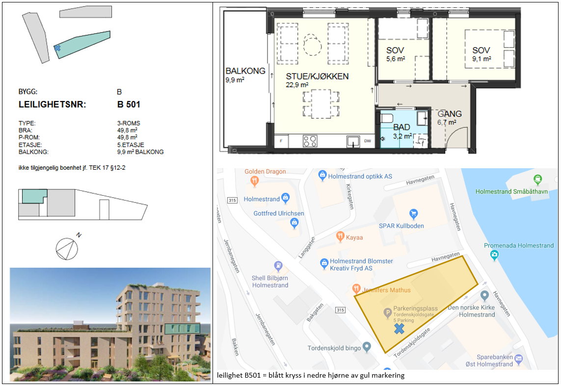 Leiligheten ligger i bygg B, med veranda mot sydvest og vinduer mot nordvest, markert med blått kryss Galleribilde