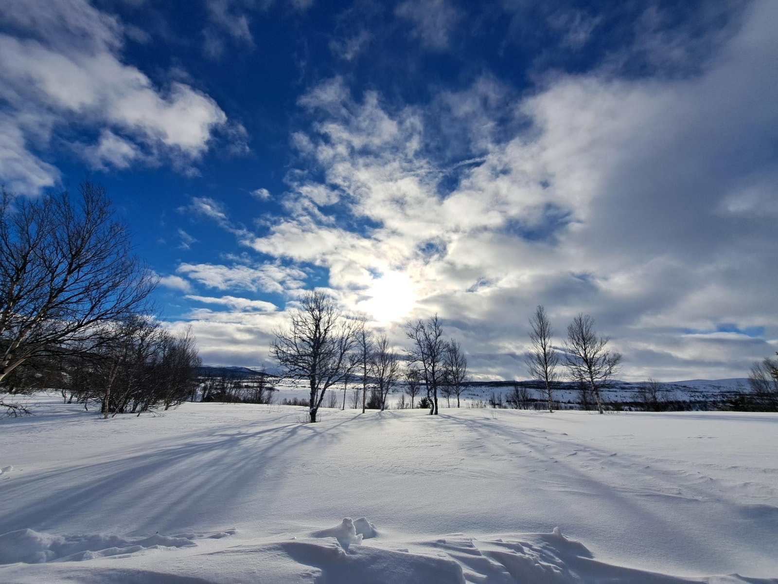Utsikt fra terrassen vinterstid - lang solgang Galleribilde
