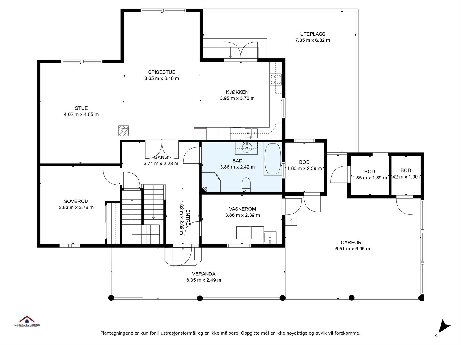 Plantegning med innvendige mål og himmelretning. Galleribilde