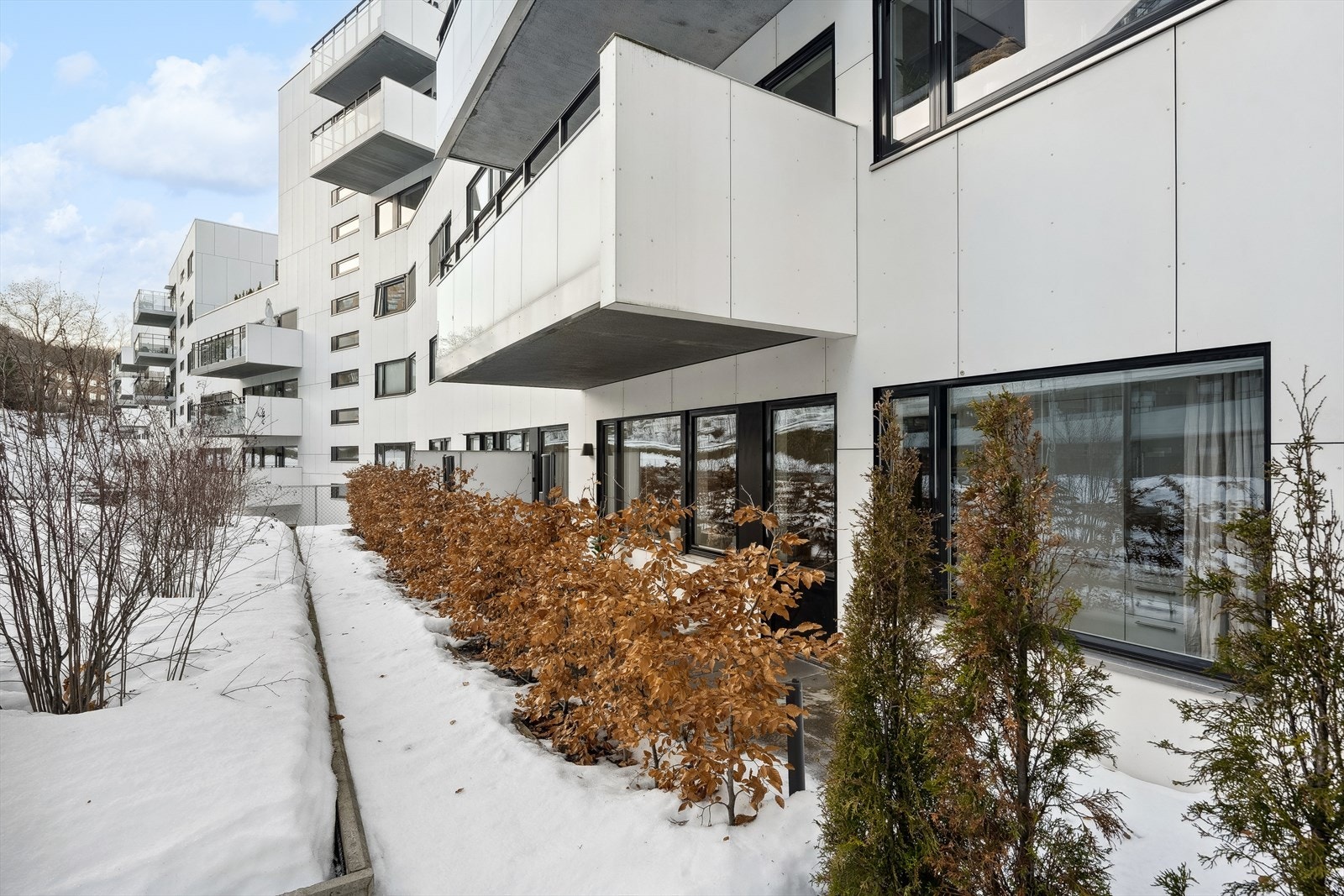 Uteplassen er skjermet med hekk og vender ut mot rolige omgivelser. Galleribilde