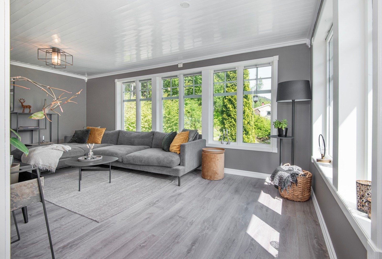 Vi tar turen inn. Stuen er malt i en delikat farge og gulvflatene er belagt med laminat. Galleribilde