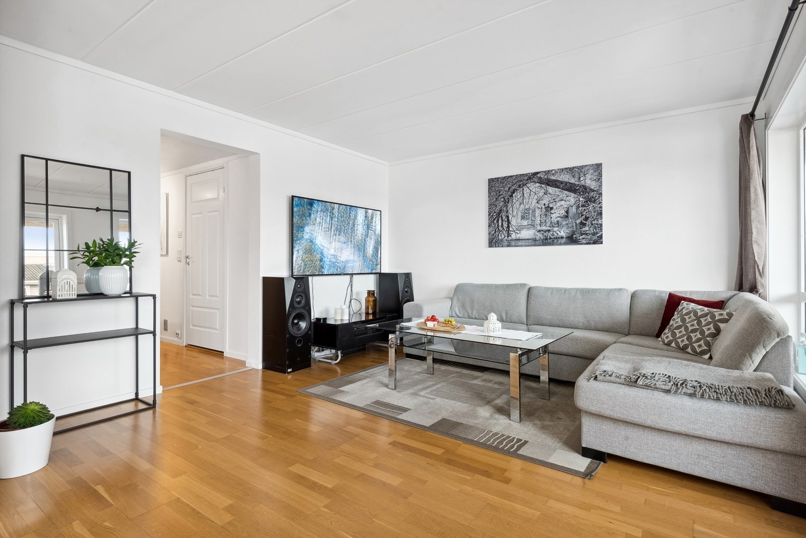 Her er det god plass til en hyggelig sofagruppe og ønsket medie-/oppbevaringsmøblement Galleribilde